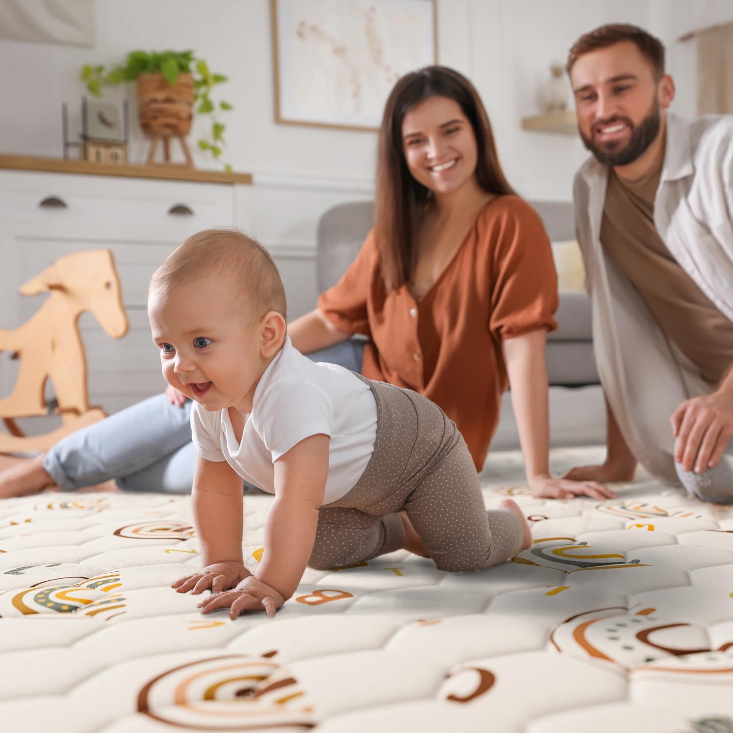 Boho Rainbow Baby Play Mat 50" X 50" Playpen Mat Thicken One-Piece Baby Crawling Mat Non-Slip Cushioned Baby Floor Mat with Lettters, Activity Playmats for Infants, Babies, Toddlers (50X50,Beige)