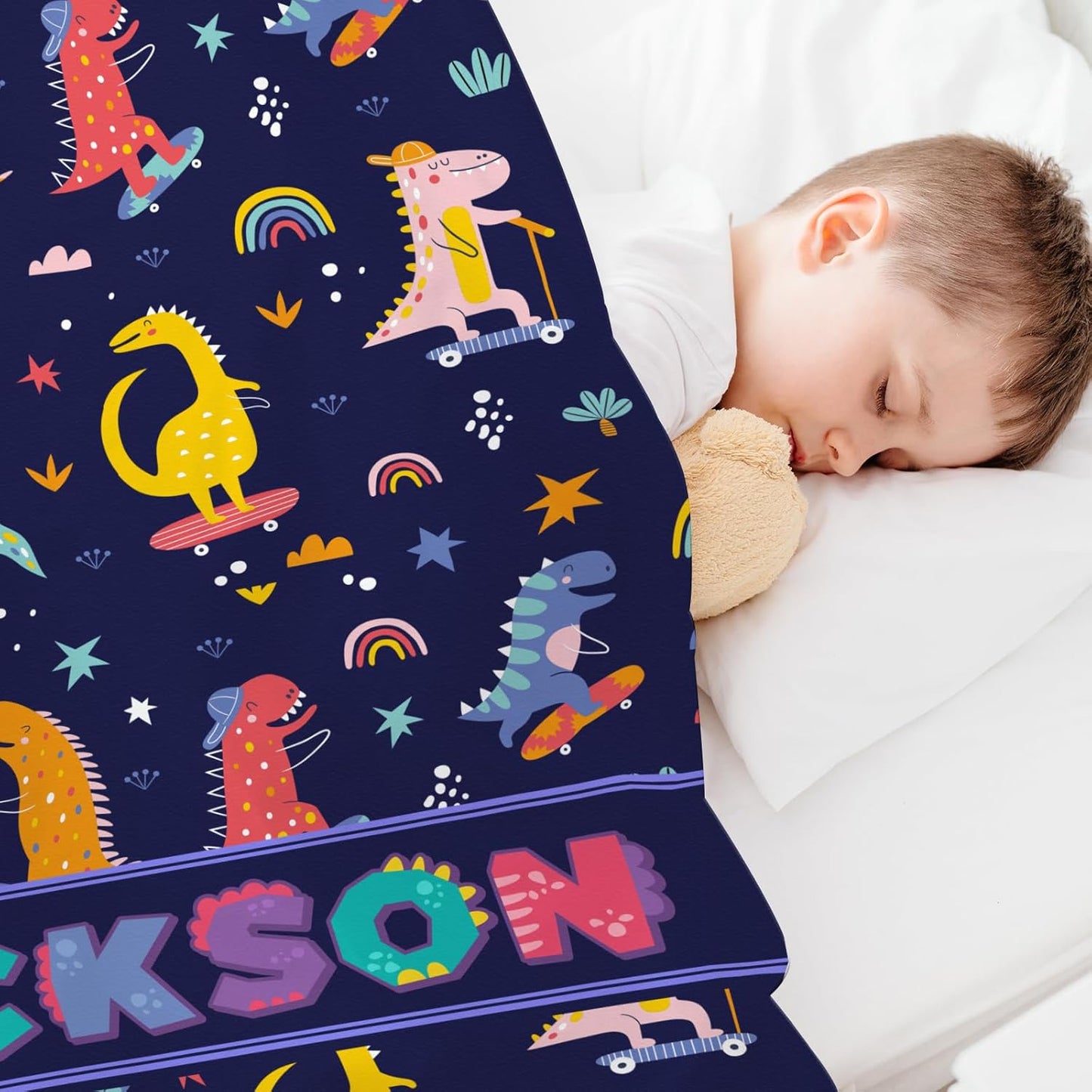 Personalized Dinasour Name Baby Blanket, Custom Cute Alphabet Name Blanket Toddler Boy Soft Flannne Swaddling Blankets Customized Monogram Memorial Gift from Nana for Infant Newborn Shower