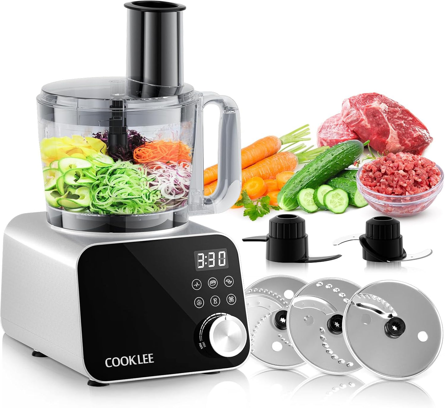 COOKLEE Food Processor, 600 Watts, 6 Functions Electric Food Chopper for Chopping, Mincing, Dicing, Shredding, Slicing, Purees & Dough with 12cup Processor Bowl, Food Chute & Pusher, Silver