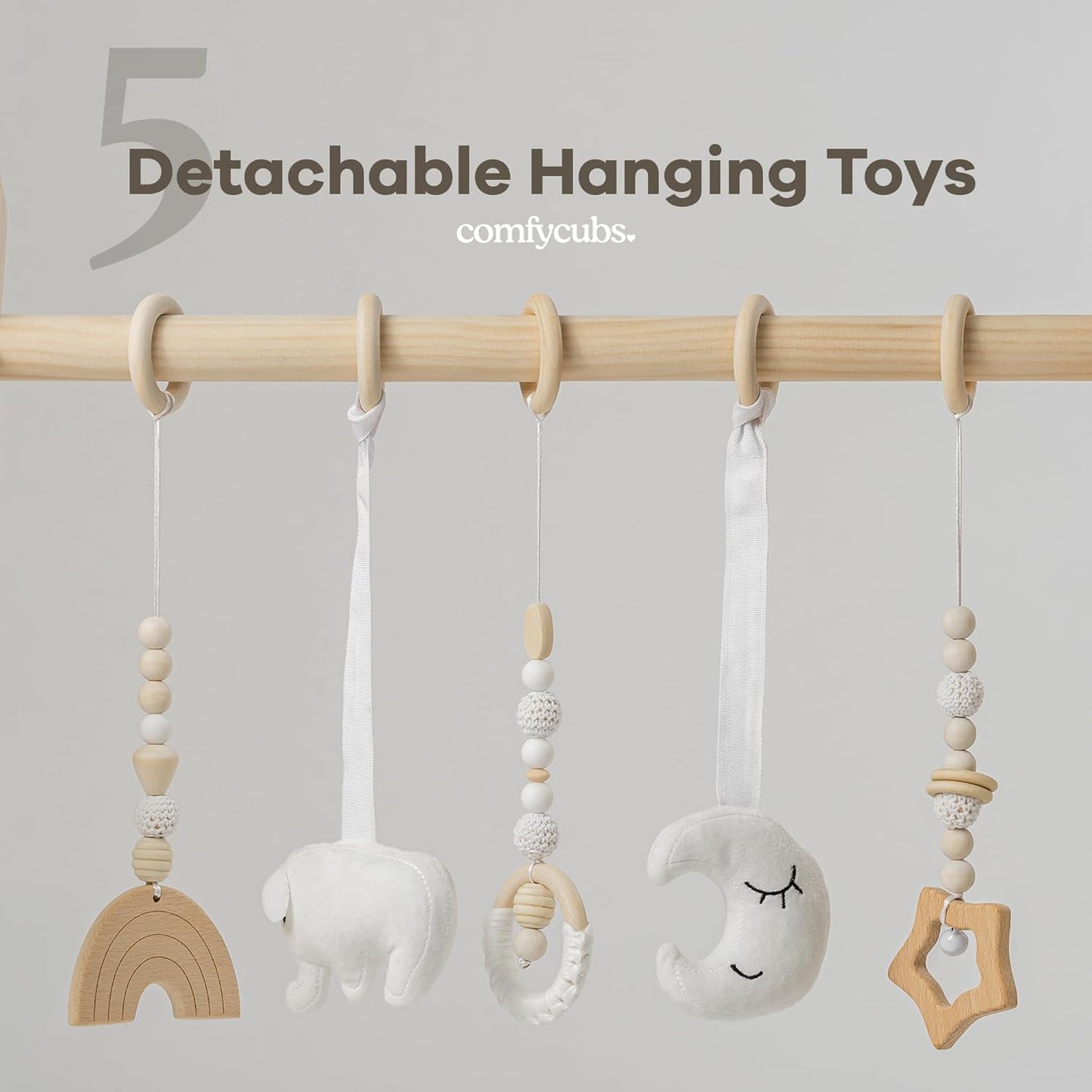 Comfy Cubs Wooden Baby Play Gym - Natural Finish Pinewood Baby Activity Gym with 5 Sensory Hanging Toys - Easy No-Tool Assembly, Safe and Durable for Infant Motor and Visual Development - Natural Wood