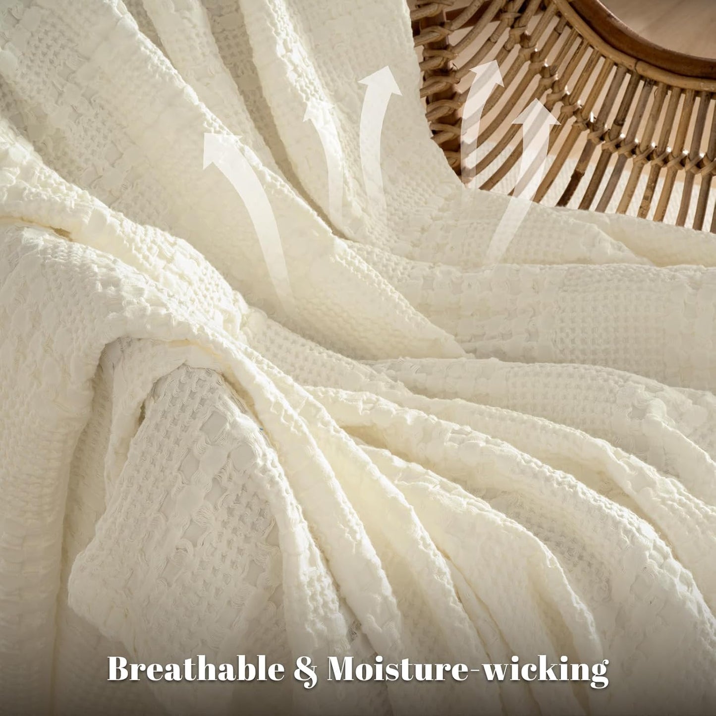 PHF 100% Cotton Waffle Weave Blanket Queen Size, Soft Lightweight Breathable Cozy Summer Blankets for Bed, Luxury Aesthetic Woven Bedding for Home Decor, 90"x90", Cannoli Cream