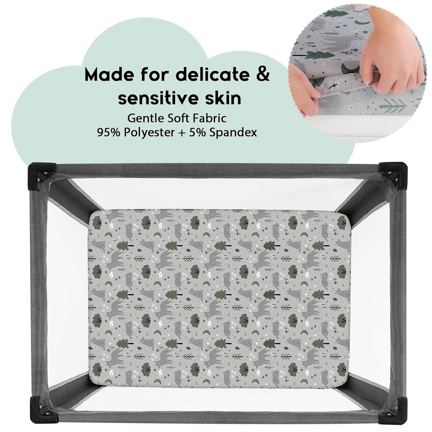 Yoofoss Pack and Play Sheets Fitted, Mini Crib Sheets 2-Pack for Pack N Play Mattress, Stretchy Playard Sheet, Soft and Breathable Gray-Green+Fox