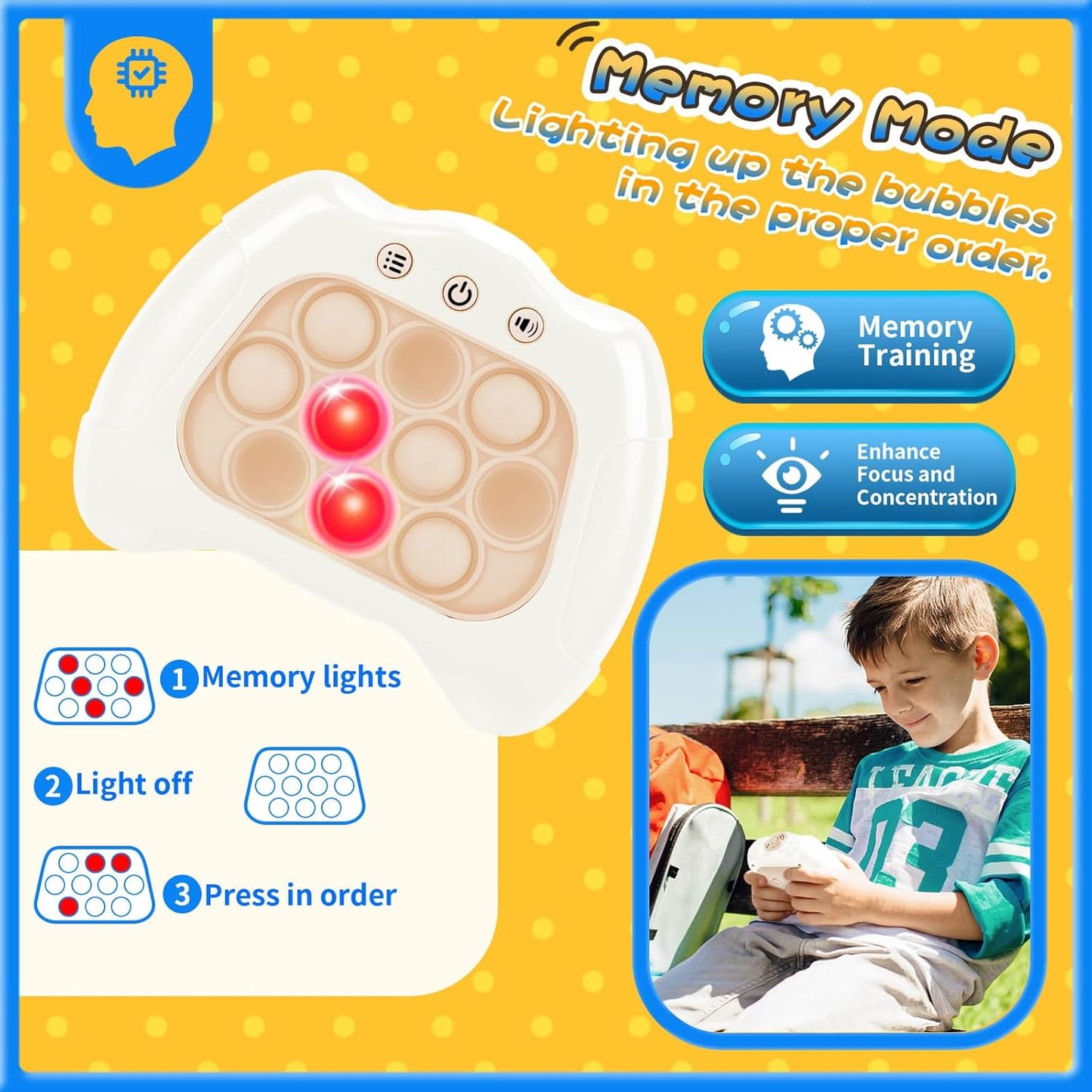 Fast Push Bubble Game, Light-up Pop Game Fidget Toys for Kids and Adults, Electronic Handheld Quick Push Bubble Game, Stress Relief Toys for 6 7 8 9+ Year Old Boys & Girls (White)