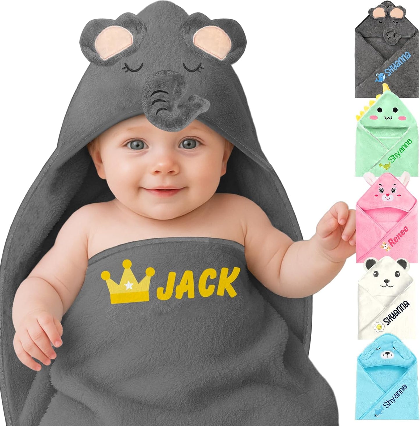 Personalized Baby Towels Hooded with Name, Custom Toddler Bath Towel with Hood for Girl Boy, Warm Swaddle Blanket, Customized Newborn Gifts - Printed (Grey Elephant)