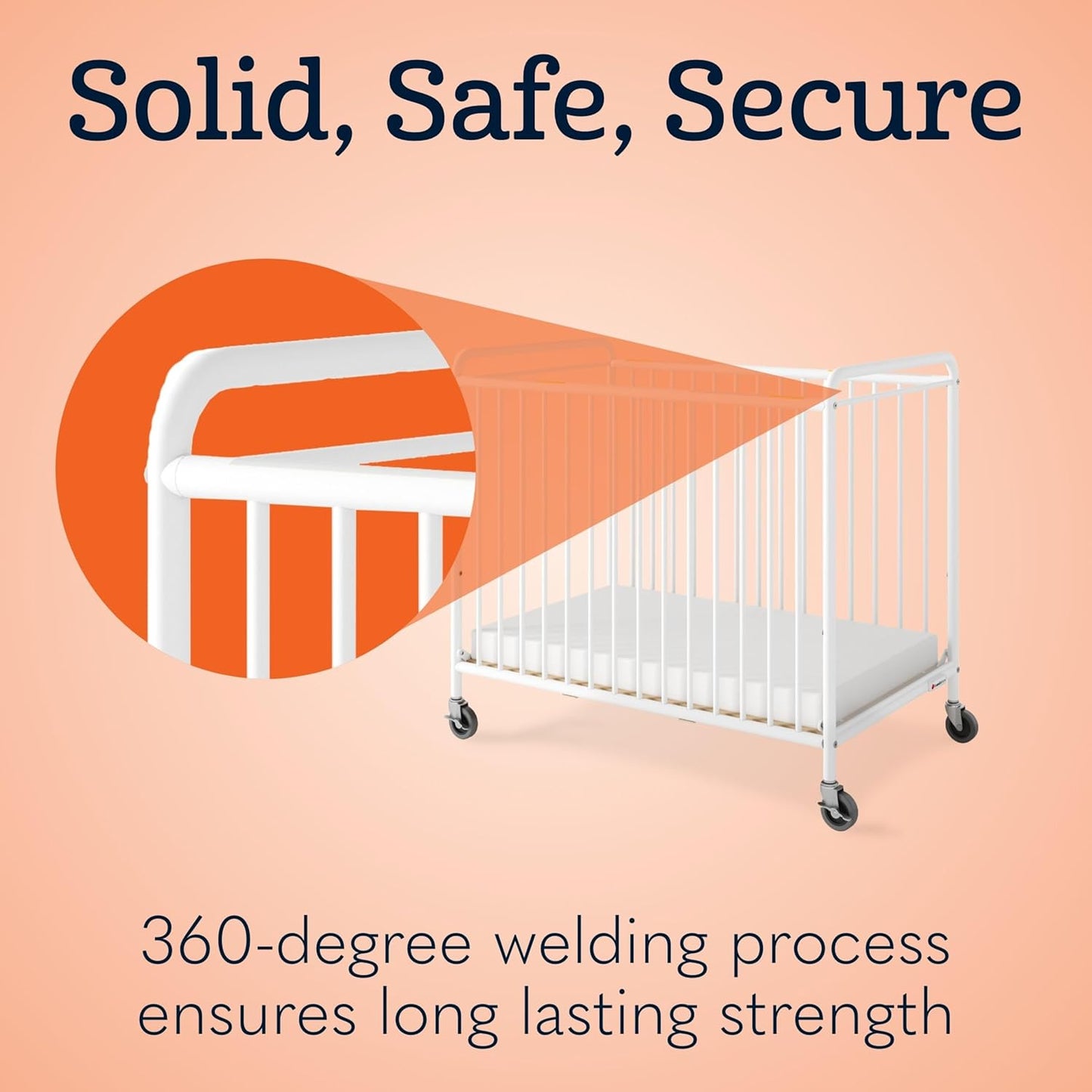 Foundations Chelsea Slatted Metal Compact Daycare Crib, 3" Casters, Compact Mini Size, Easy to Clean Durable Finish, Adjustable to Two Heights Mattress Board (White)