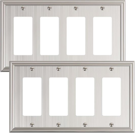 2-Pack Quad Decorator Outlet Cover Plate, Zinc Alloy Brushed Nickel Switch Plates and Outlet Covers, 4 Gang Wall Plates for Electrical Outlets, Receptacle, GFCI Outlet, Dimmer Switch