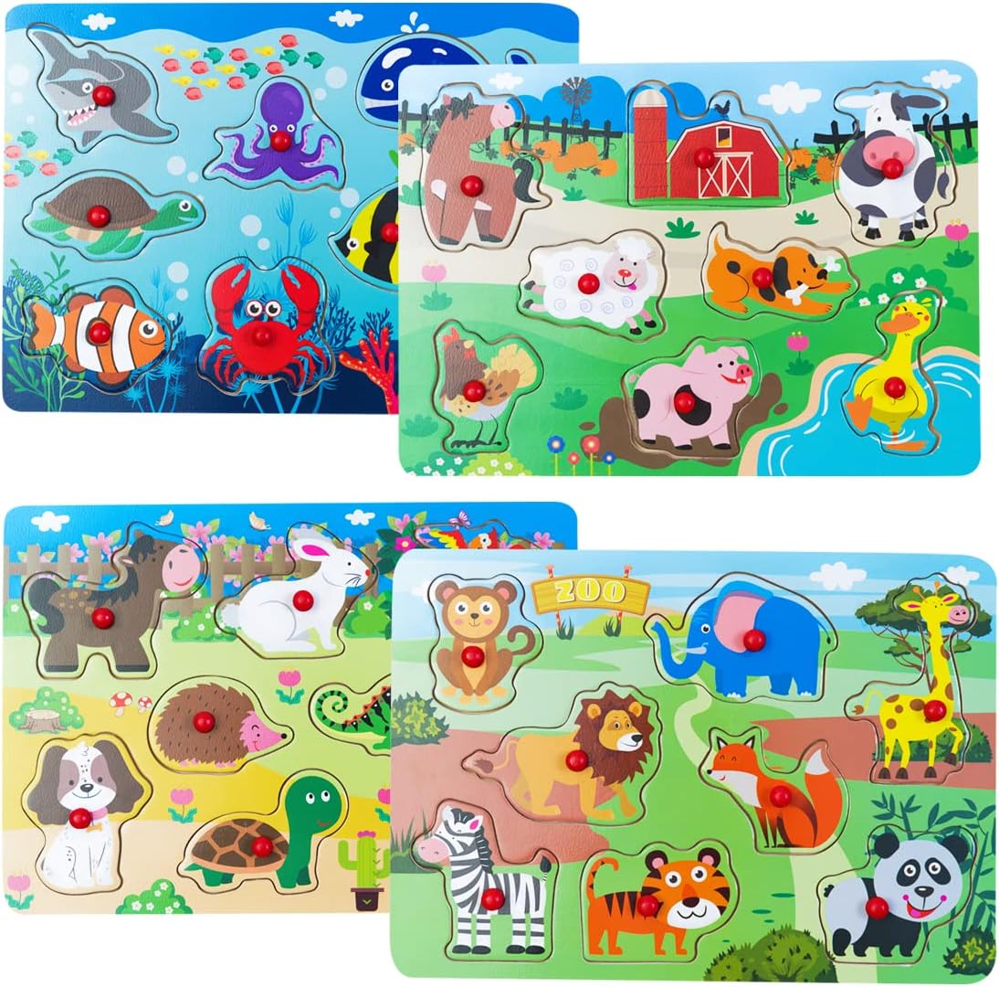 Peg Puzzle Set of 4 (32 pcs), Wooden Knob Puzzles for Toddlers Ages 1-3, Farm Zoo，Forest Animals, Pets, Sea Ocean Animals, Preschool Educational Cognitive Gifts