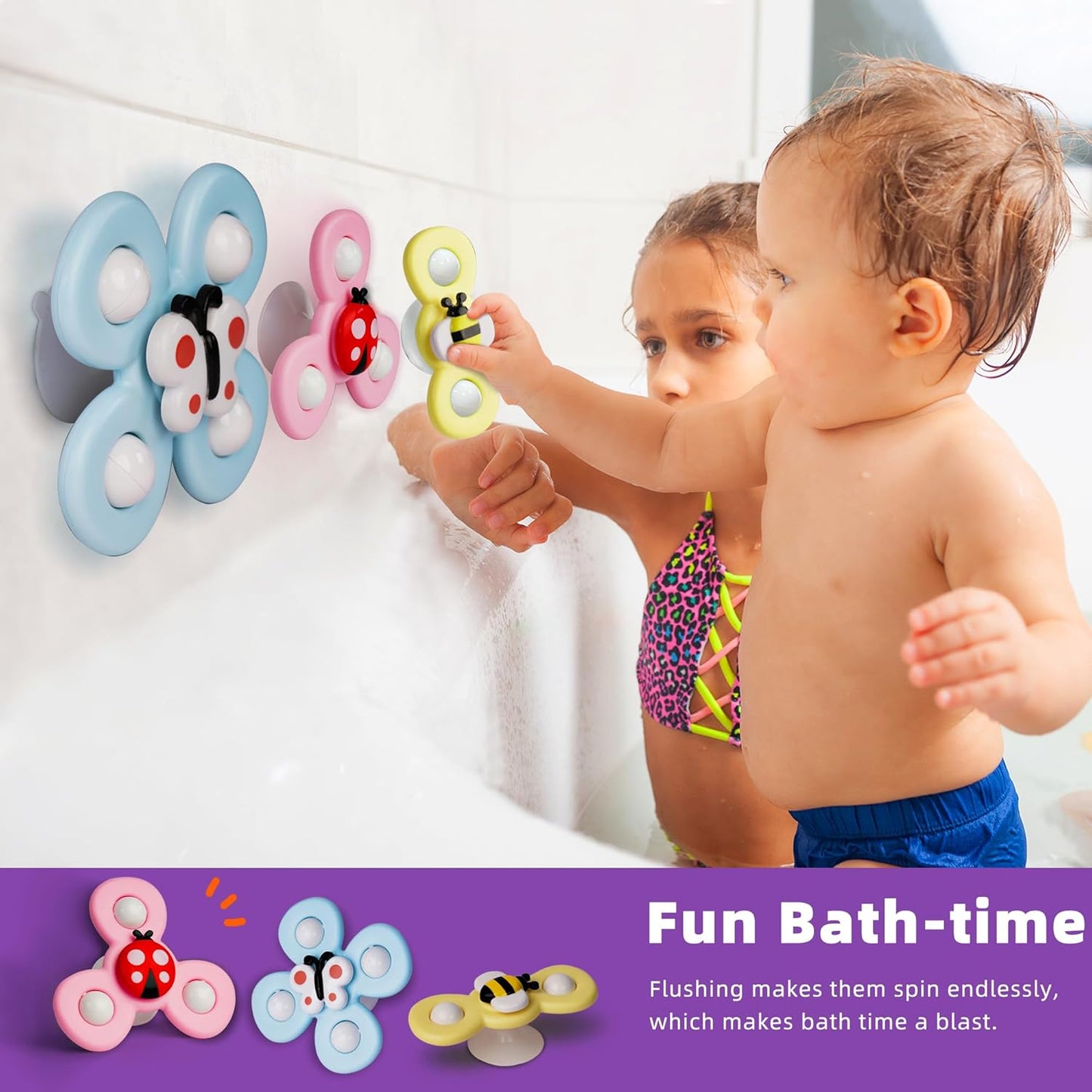LiKee Strong Suction Cup Fidget Rotating Sensory Bath Toys for Baby 12 18 Months Airplane Car Travel Table & Window Toys for 1 2 Years Old Toddler Boys and Girls (Insect-2)