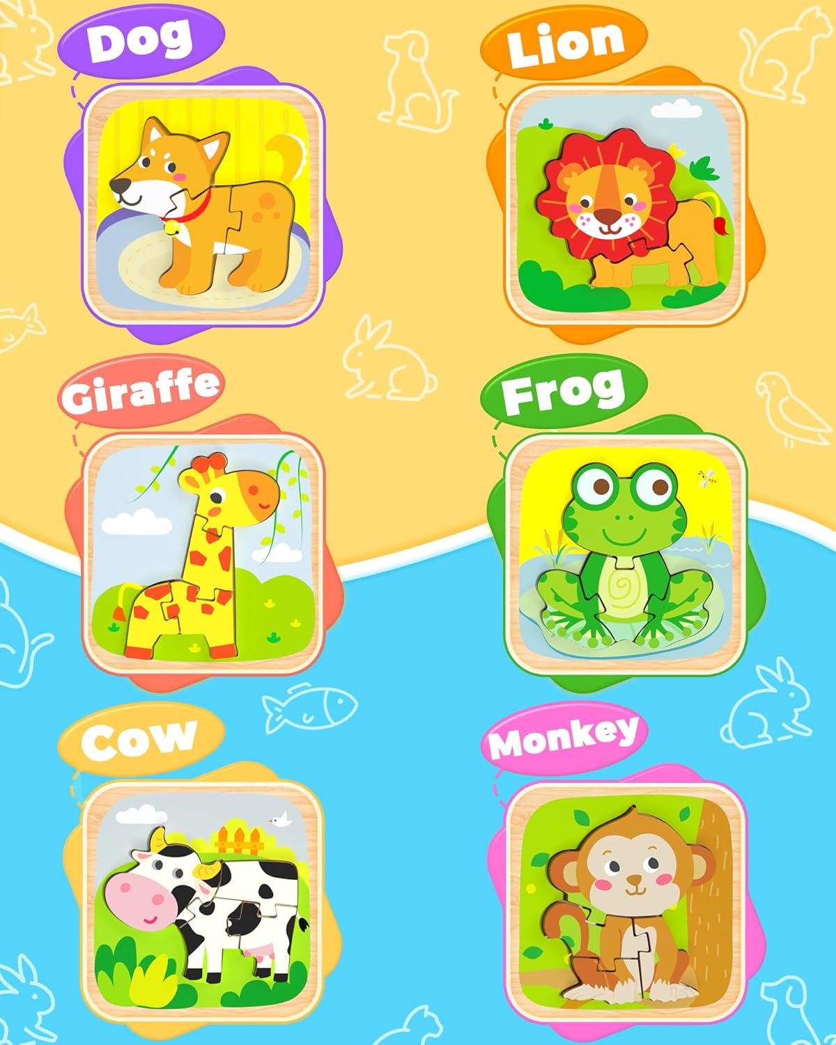 Benresive Wooden Toddler Puzzles, 6pcs Animal Montessori Toys for 1-3 Year Old Boys & Girls, Learning Educational Preschool Toys, Great Gifts for 1 2 3 Year Olds