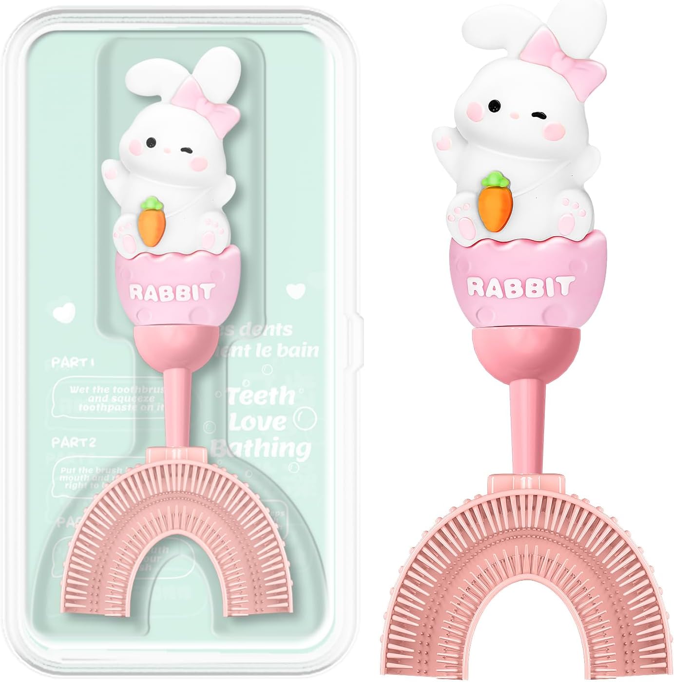 U-Shaped Toothbrush for Kids Ages 2-7，Soft Food-Grade Silicone for Sensitive Gums，360° Teeth Cleaning Design，Training & Travel-Friendly Toddler's Toothbrush (Pink)