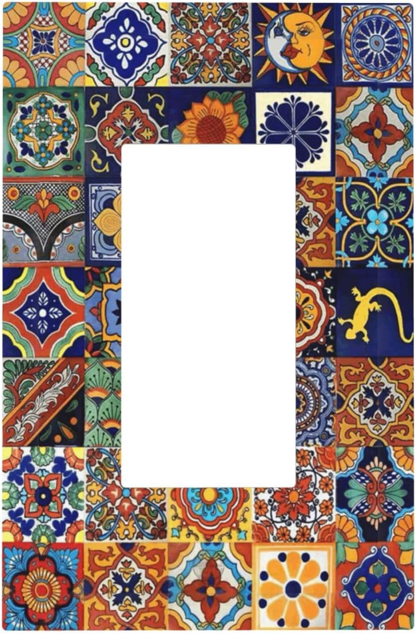 Talavera Mexican Tiles Traditional Color Decoration Print Decorative Outlet Covers 1 Gang Single Rocker Light Switch Cover Plate Wall Plates GFCI Faceplate for Kitchen Bathroom Decor