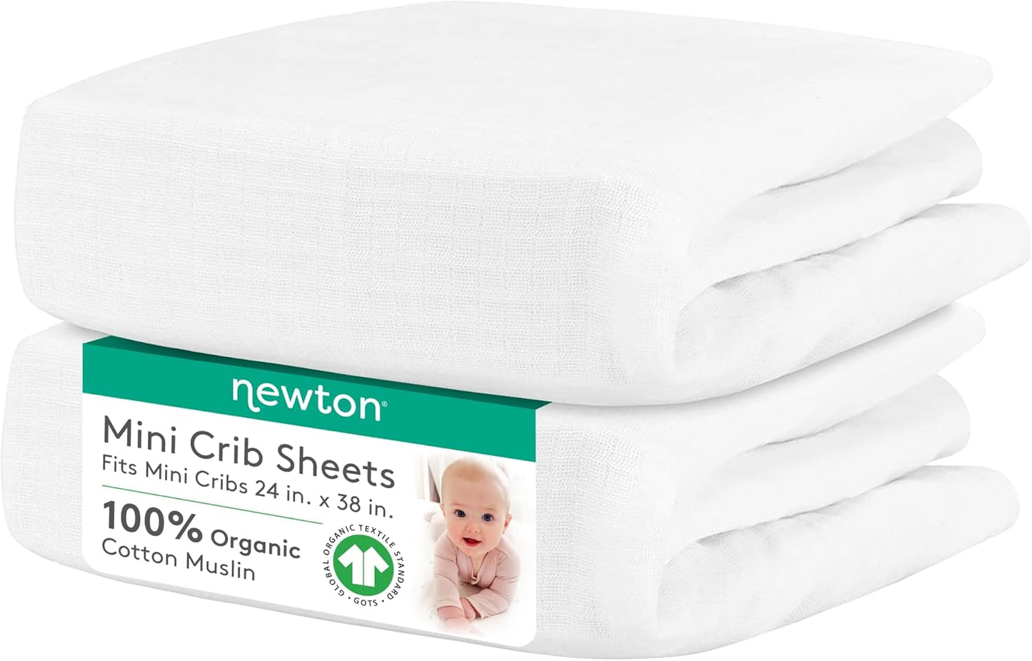 Newton Baby Organic Fitted Mini Crib Sheet (2-Pack) - Ultra-Breathable and Soft, 100% Organic Muslin Cotton, Machine Washable, Fit Any Mini Sized Crib 24" x 38" and up to 8", White
