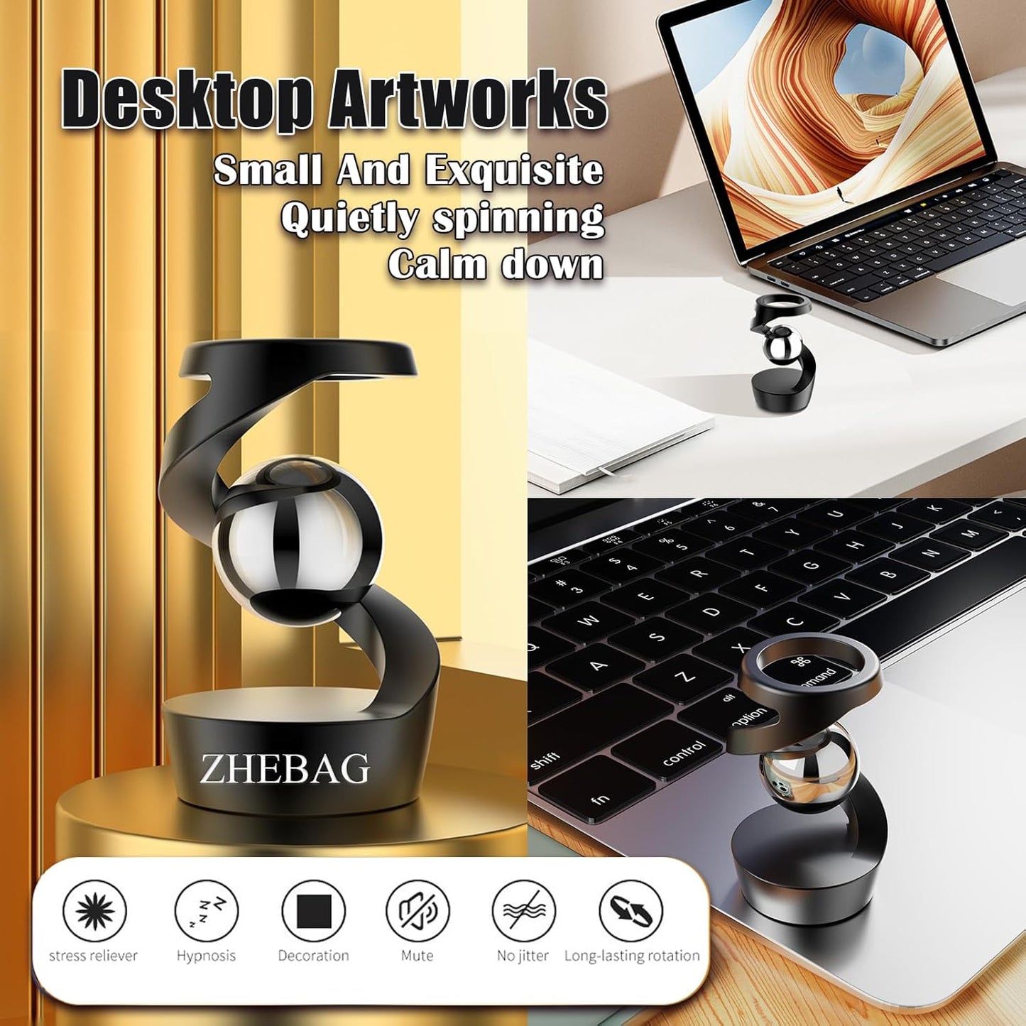 Kinetic Desk Toy, Metal Fidget Toys for Adults, Unique Optical Illusion Stress Reducing Desktop Spinning Toy, Adult Sensory Toys, Decorative Gifts for Offices and Cars(Silver-Gold)