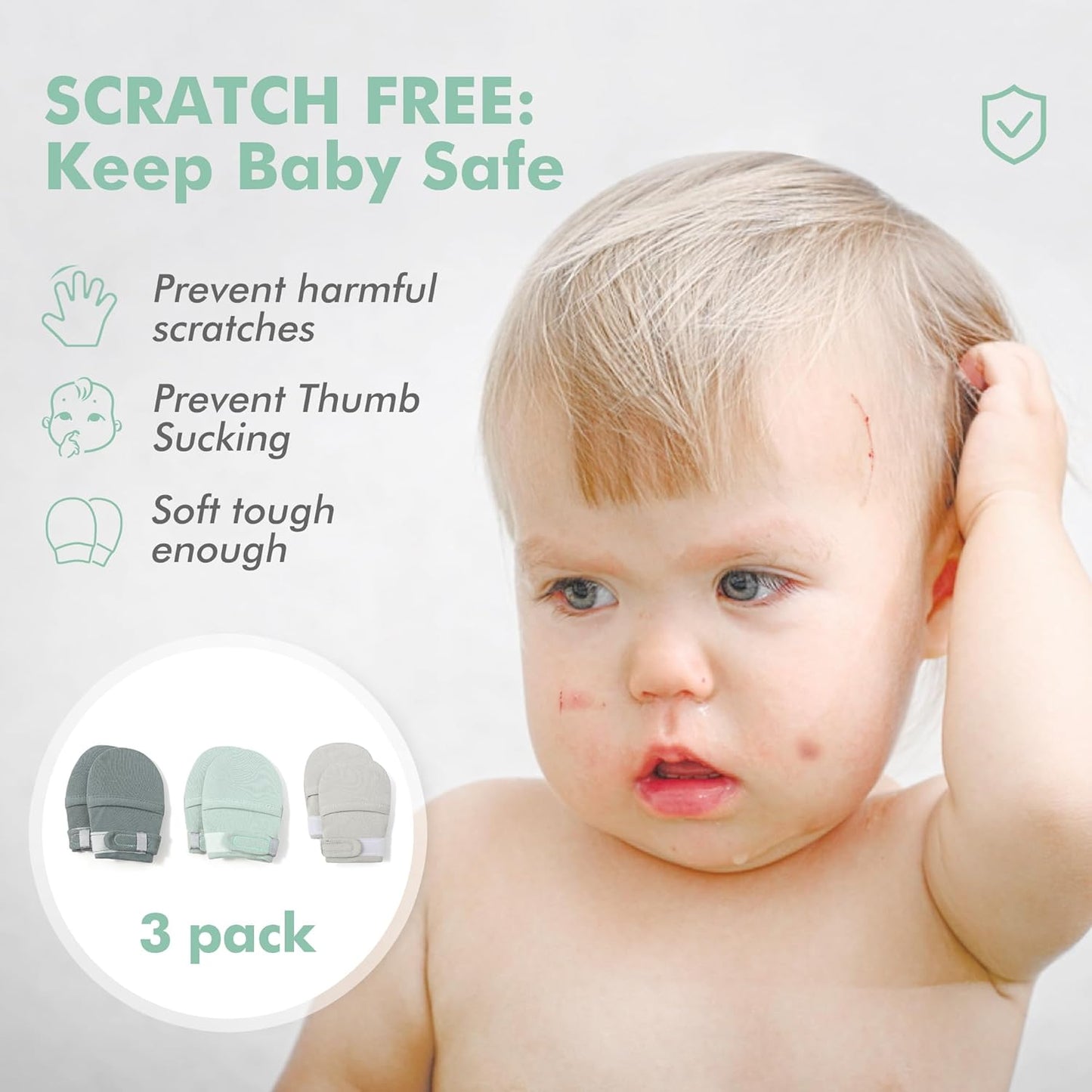 HAPIU Baby No Scratch Mittens Stay On, 100% Cotton Breathable, Adjustable Infant Gloves for Boys Girls, Newborn - 12 M