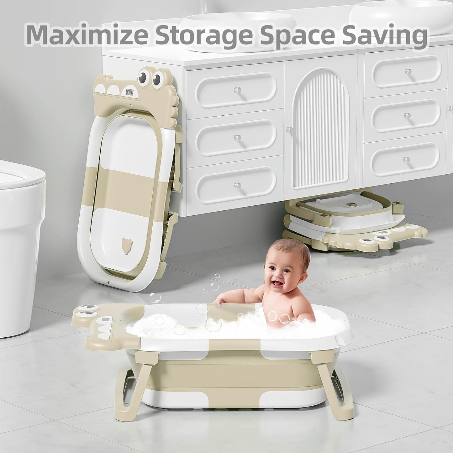 TPN Collapsible Baby Bathtub, Baby Bath Tub with Soft Cushion & Real-Time Thermometer, Baby Bathtub Infant to Toddler Tub (0-36 Months), Portable Newborn Travel Bath tub