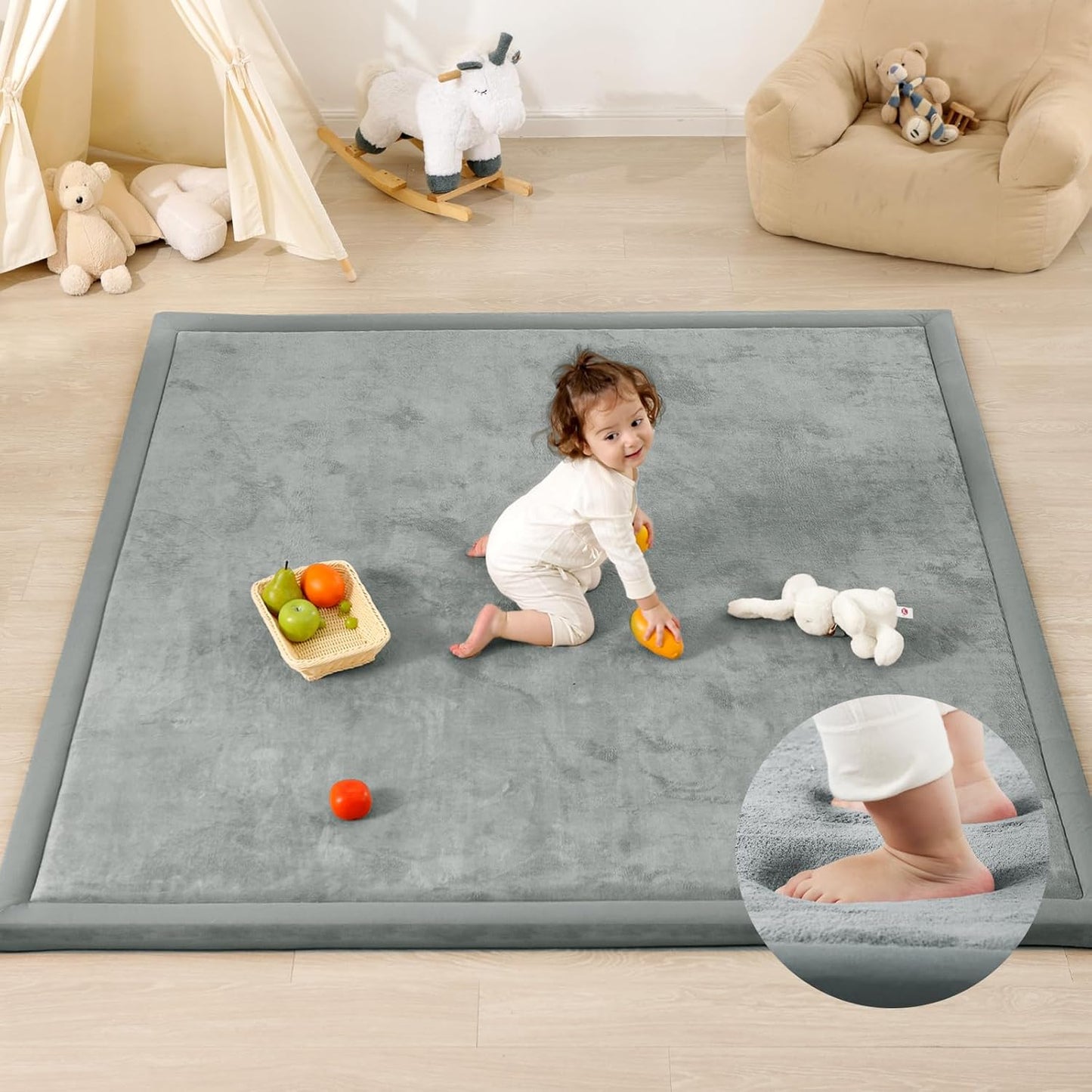 1.3" Thick Baby Play Mat for Floor Playpen,71x59 Large Foam Tummy Time Mat,Padded Support Soft Plush Nursery Rug for Infant,Kids Toddler Crawling Kick Activity (Light Grey)