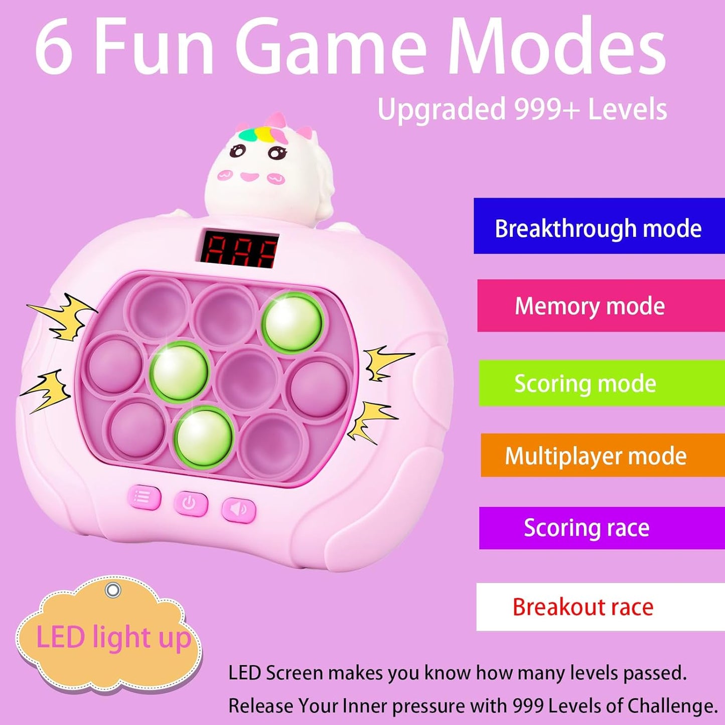 Fast Push Game Pop Fidget Toy for Kids, Quick Push Bubble Game 6 Modes Handheld Puzzle Game Sensory Toy with LED Screen Pop It Game Light Up Fidget Toy Gift for 3 to 12 Year Old Girls Boys