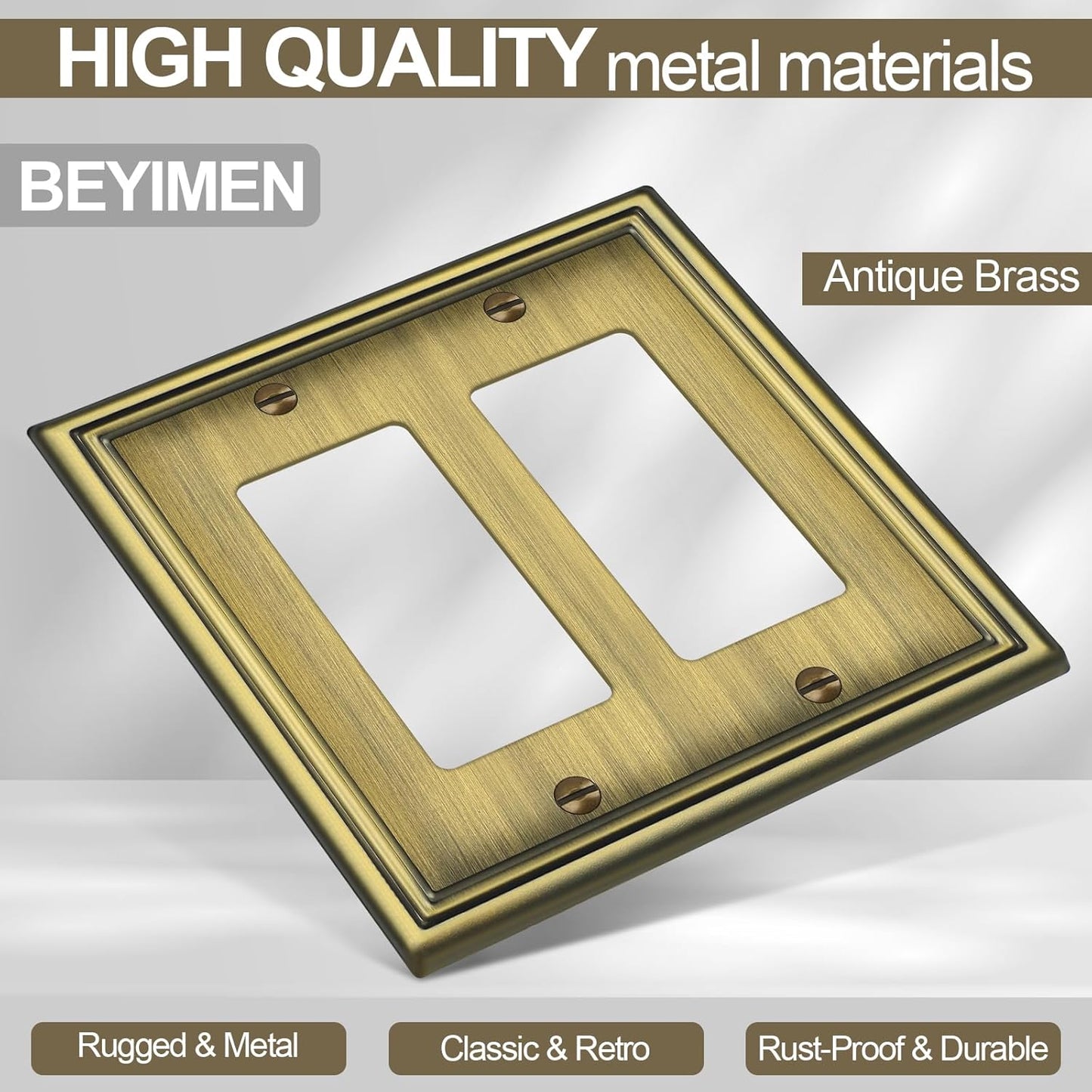 Double Decorator Switch Covers Wall Plate, Antique Brass Decorative Rocker Switch Plates Outlet Covers for Receptacle, GFCI Outlet, Dimmer - Classic Style, 3 Pack