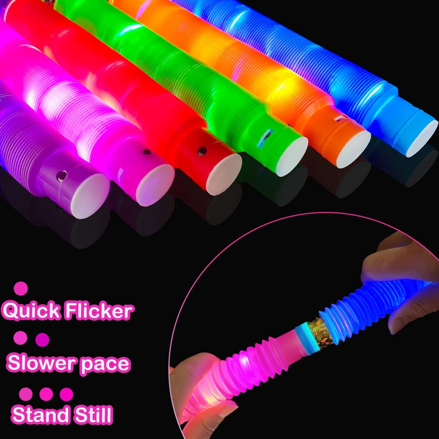 Light Up Pop Tubes for Kids 6 PCS, Halloween Glow Sticks Party Favors for Toddlers, Neon LED Bracelets Necklaces Accessories for Children, Travel Camp Camping Fun Toys Gifts for Boys Girls