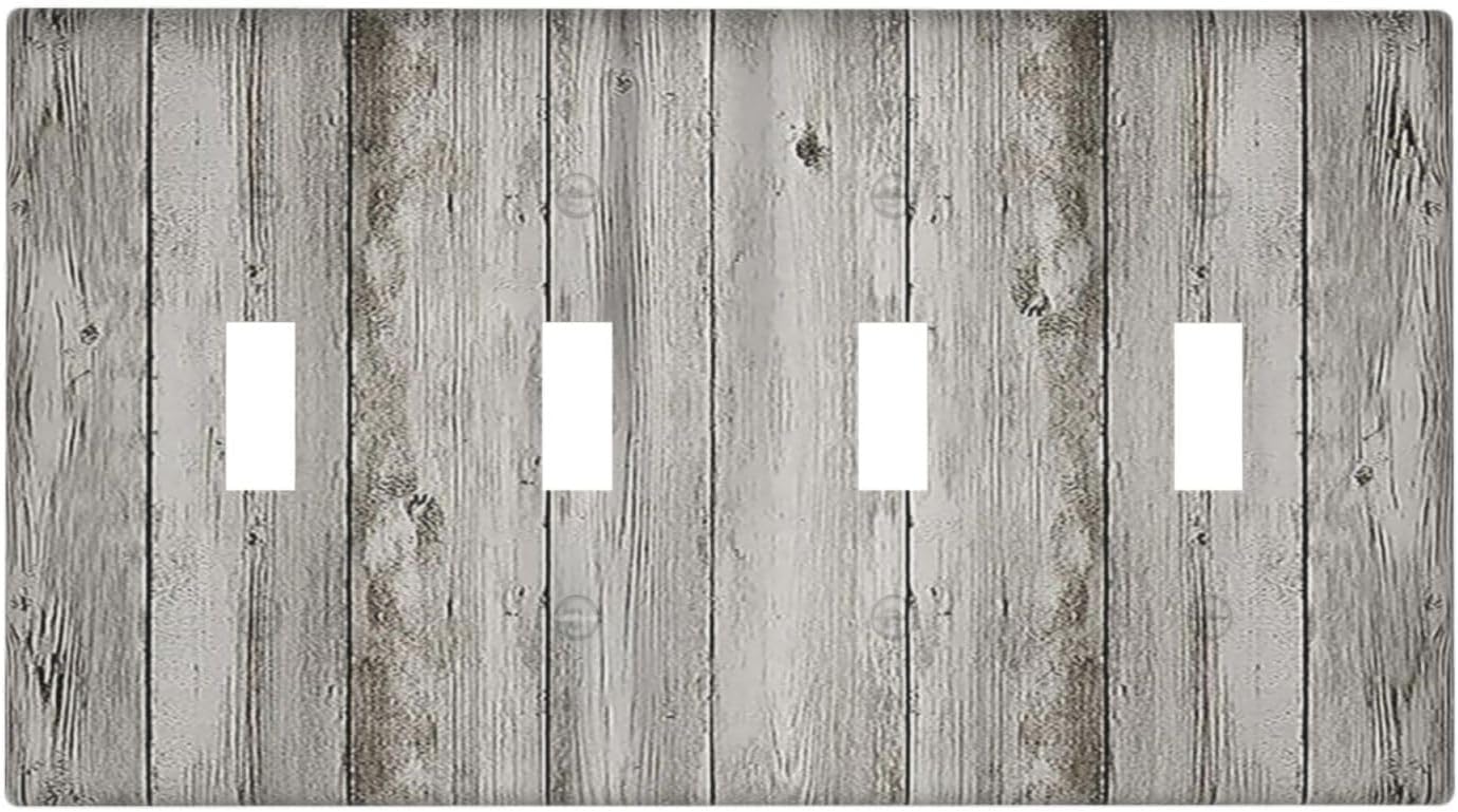 Light Switch Covers Farmhouse Rustic Grey Barn Door Wood Quad Toggle Electrical Faceplate 4 Gang Wall Plate Decorative Switch Plates for Bedroom Cabin Decor