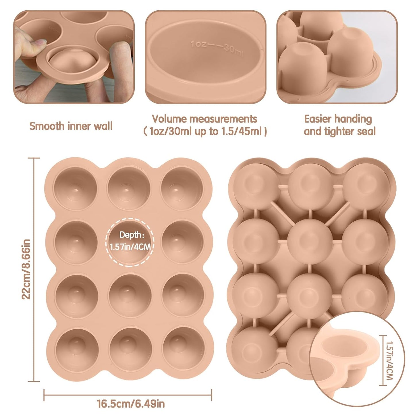 Baby Food Freezer Tray with Clip on Lid, 12 x 1.5 Ounce Baby Food Storage Container, Baby Silicone Freezer Molds for Fruit Purees & Vegetables (Light Brown)