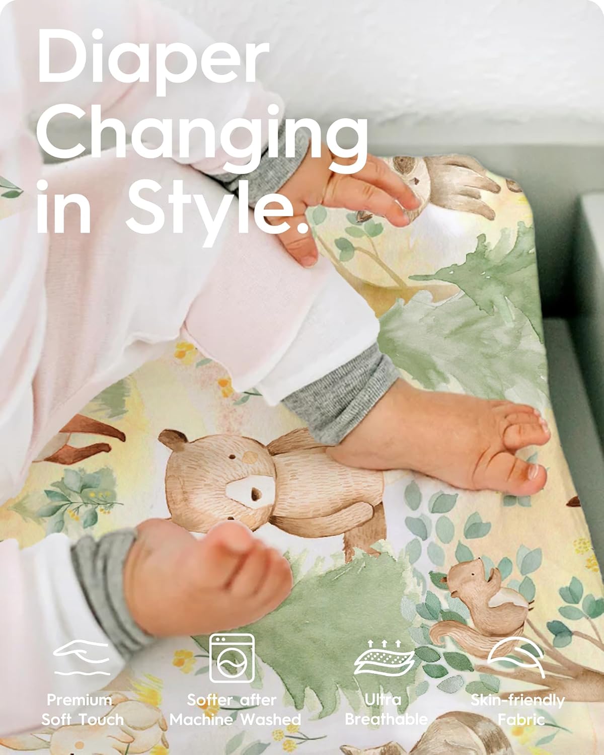 Changing Pad Cover for Girls Boys, TotBasic Premium Soft Changing Table Covers, Stretchy Jersey Changing Table Sheets - Fits All Standard Changing Pads - 2 Pack (Forest Bear & Bambi Deer)