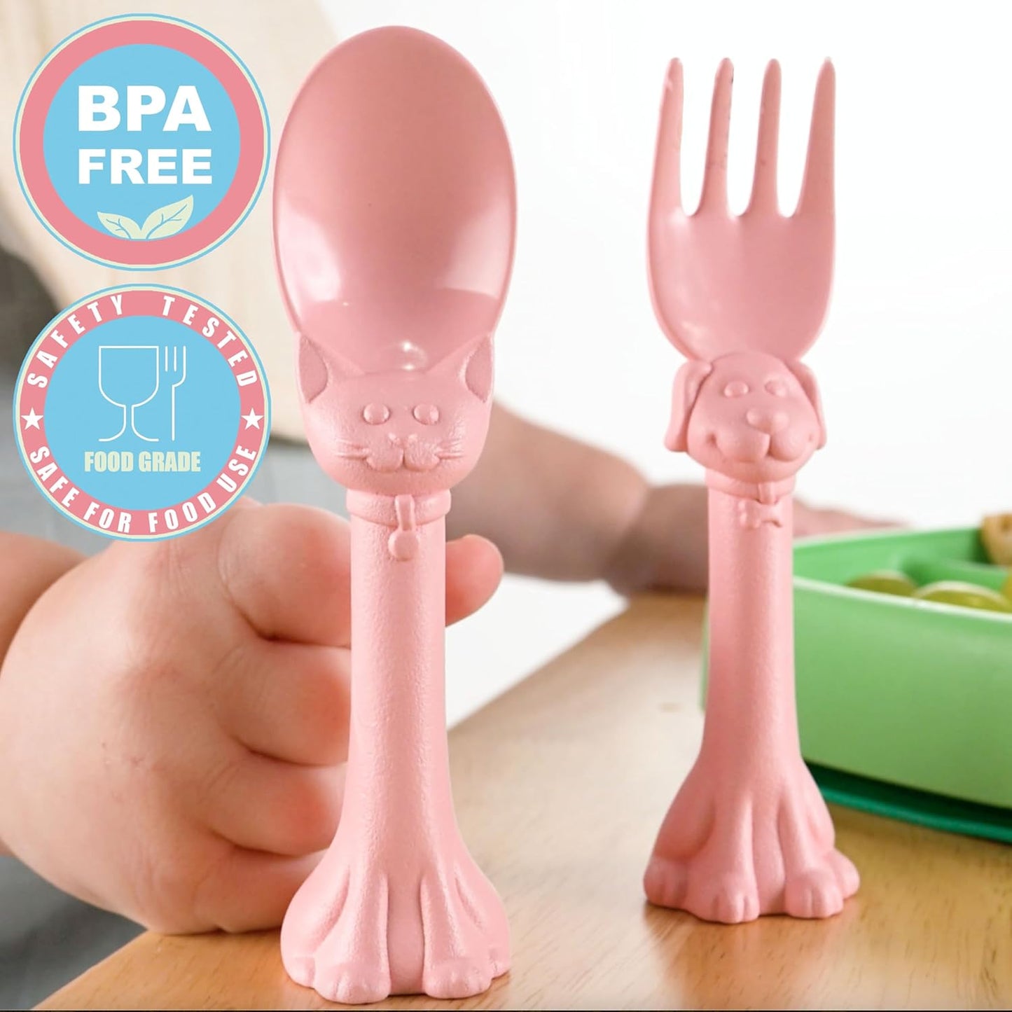 Made in USA Spoon la la Toddler Utensils Set - 2 Pack (1 Spoon & 1 Fork for Kids) - Self-Standing 3D Ergonomic Cat & Dog Handles - BPA-free, Dishwasher Safe, Baby Silverware (Pink)