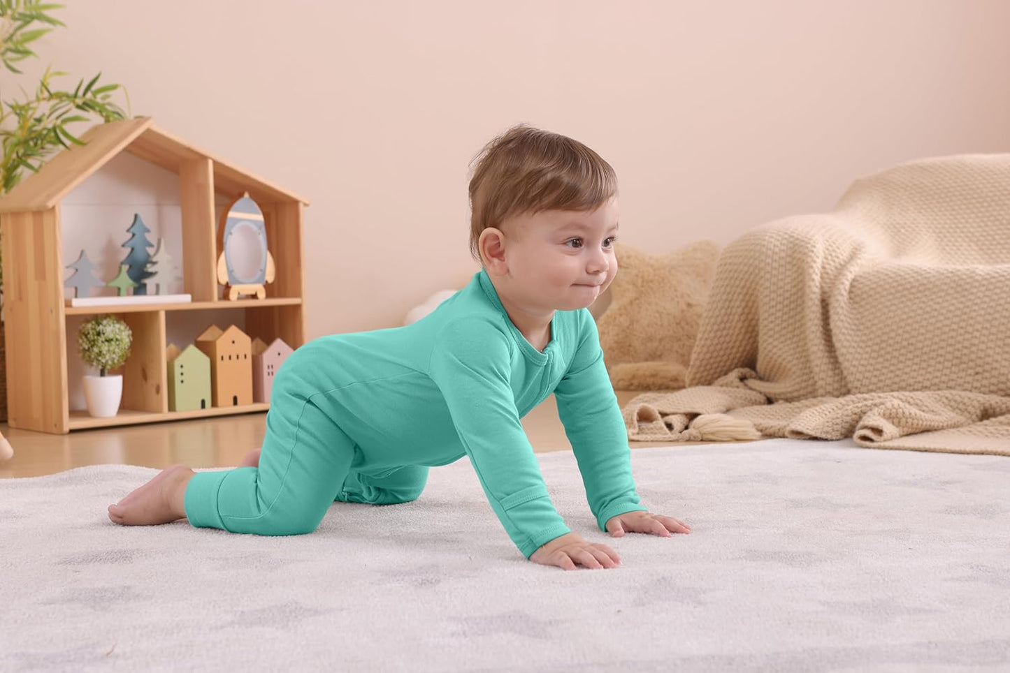 GUISBY Long Sleeve Cotton Pajamas Footless Baby Bodysuits with Zipper and Mittens 3-Pack for Boys Girls