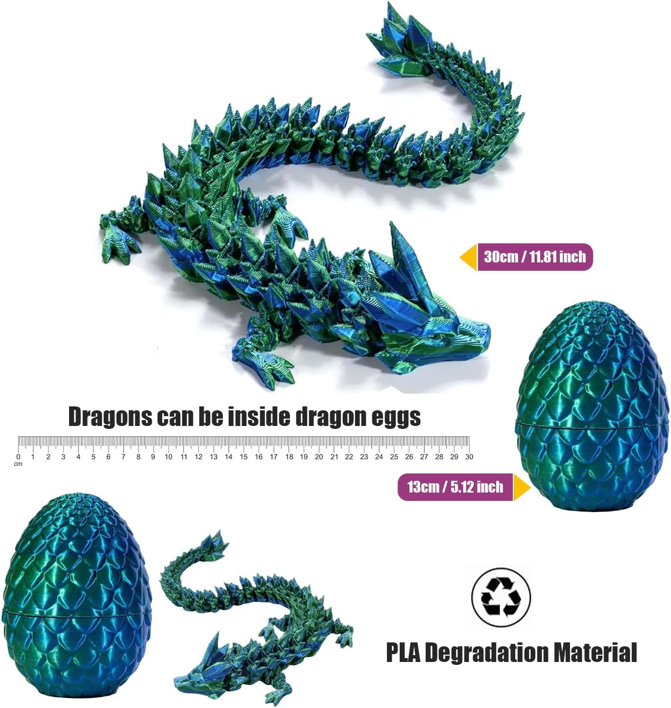 3D Printed Dragon Eggs with Dragon Inside Fidget Toys Full Articulated Dragon Crystal Dragon with Dragon Egg, Home Office Decor Executive Desk Toys Posable Flexible Crystal Dragon Toys (Laser-Green)