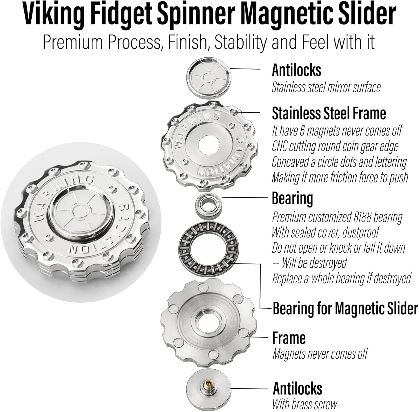 FREELOVE Metal Fidget Spinner Magnetic Slider, Spinning Haptic Clicker, Heavy Stainless Steel Spin Clicky, Small Round Gear Click Gyro, Premium Silent Bearing, Adults Anxiety Cool, Nuc Silver
