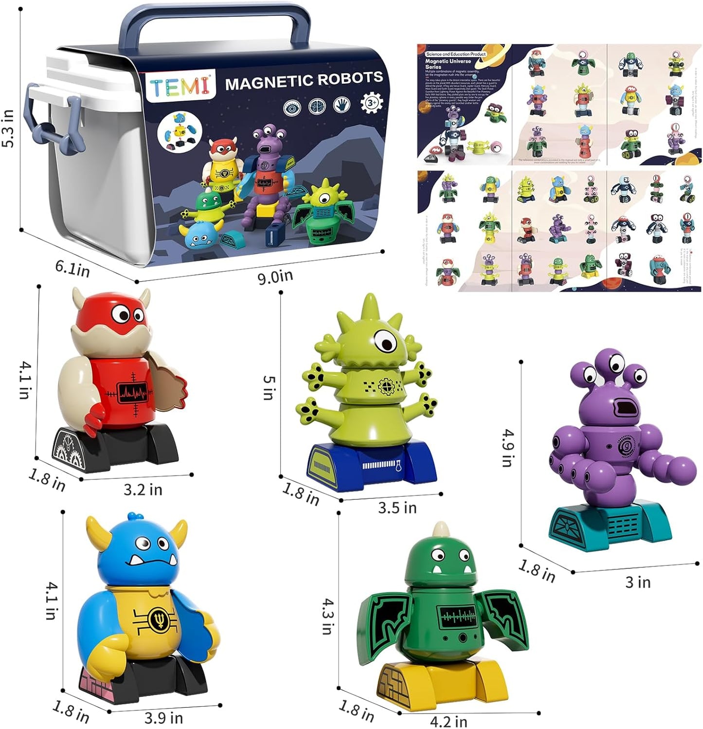 TEMI Magnet Robot Toy for Kids 3-5 Years Old - Monster Magnet Toys Stacking Transform Toys with Storage Box, Set for Boys Age 3 4 5 6 7 Years Old Boys, Christmas and Birthday Gifts