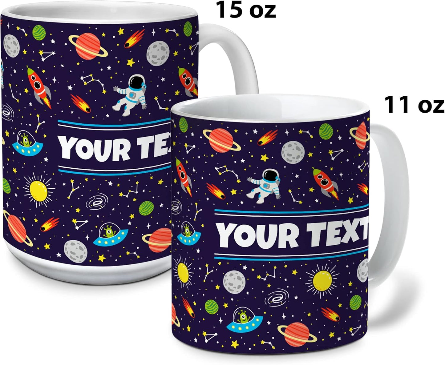 Personalized Mug for Kids - Outer Space - Custom Name/Text, Ceramic Hot Chocolate/Cocoa/Coffee Cup for Boys/Girls, Birthday/Christmas/Holiday Gift - 11 oz, Red Handle