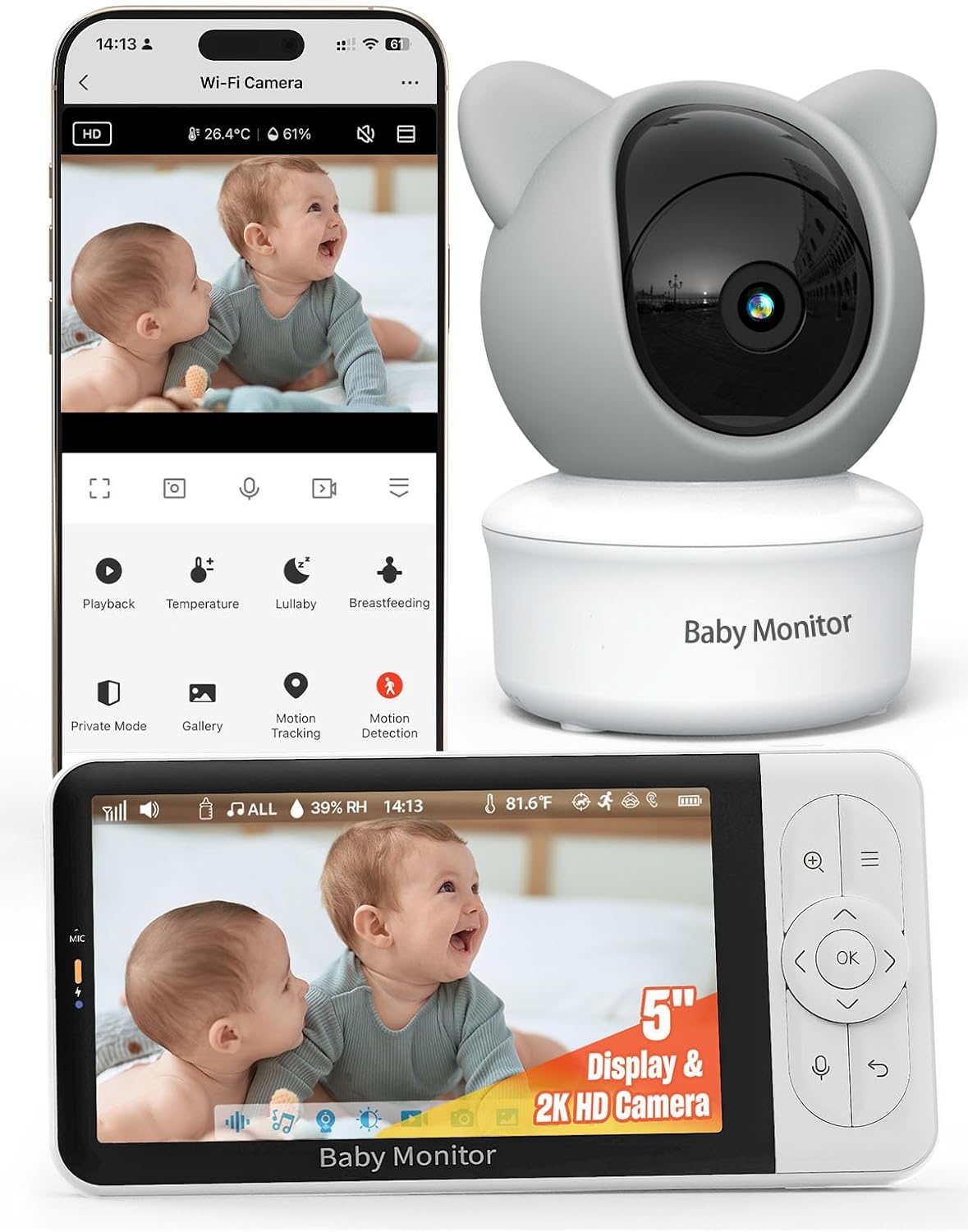 iFamily WiFi Baby Monitor with App – Smartphone Baby Monitor with 5" HD Monitor & 2K Camera, Night Vision, 2-Way Talk, Motion Tracking&Alerts, Temp Sensor, Lullabies,Secure WiFi Lock