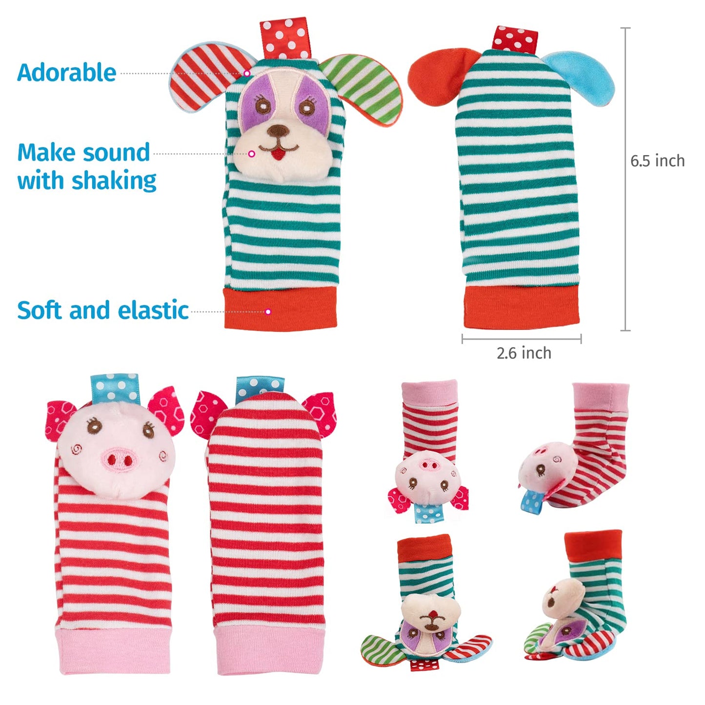 Baby Rattles Toys - Soft Hanging, Handheld & Foot Sock Rattles Set - Plush Stuffed Infant Toys for 0-3, 3-6, 6-12 Months - Newborn Gift