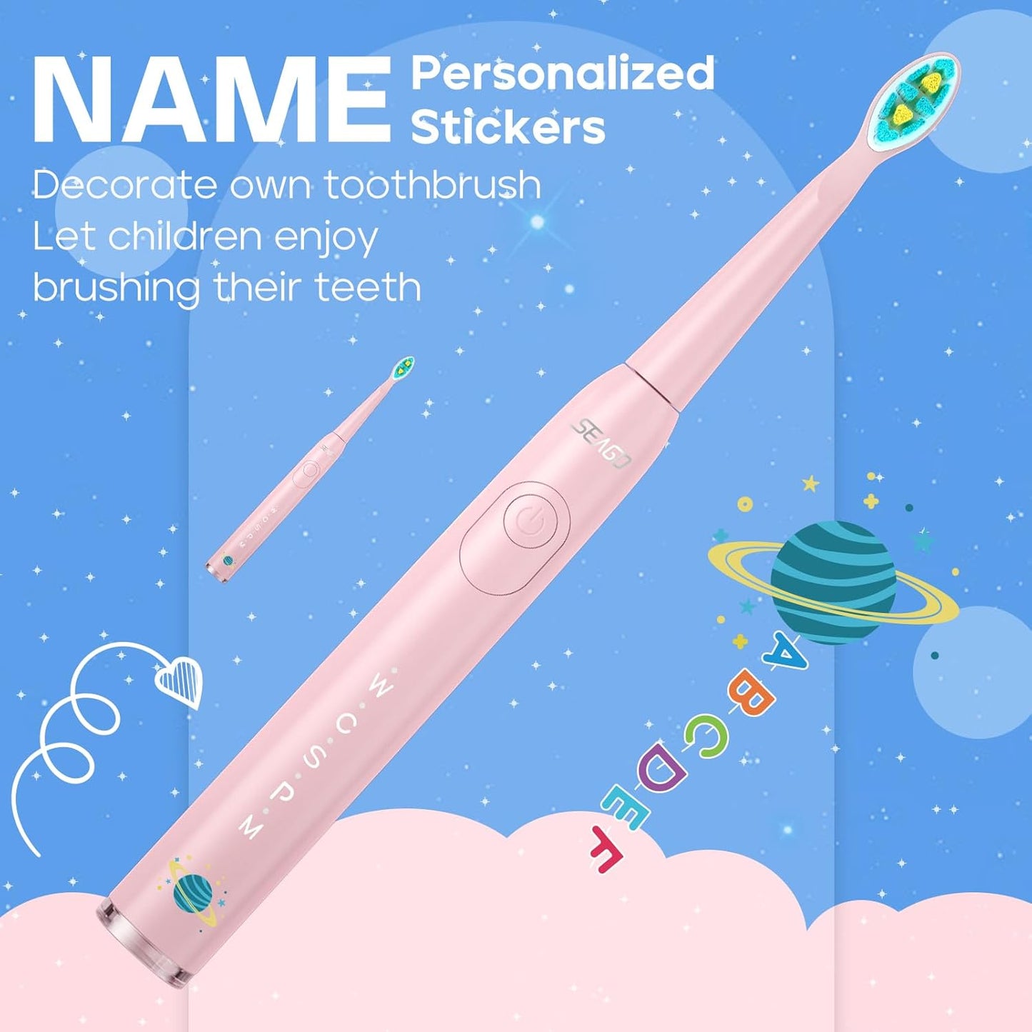 SEAGO Kids Electric Toothbrush, Rechargeable Sonic Soft Bristle Toothbrushes with 8 Brush Heads, DIY Stickers and 5 Modes, Ideal for Kids and Children, Ages 3–12,SG2303(Pink)