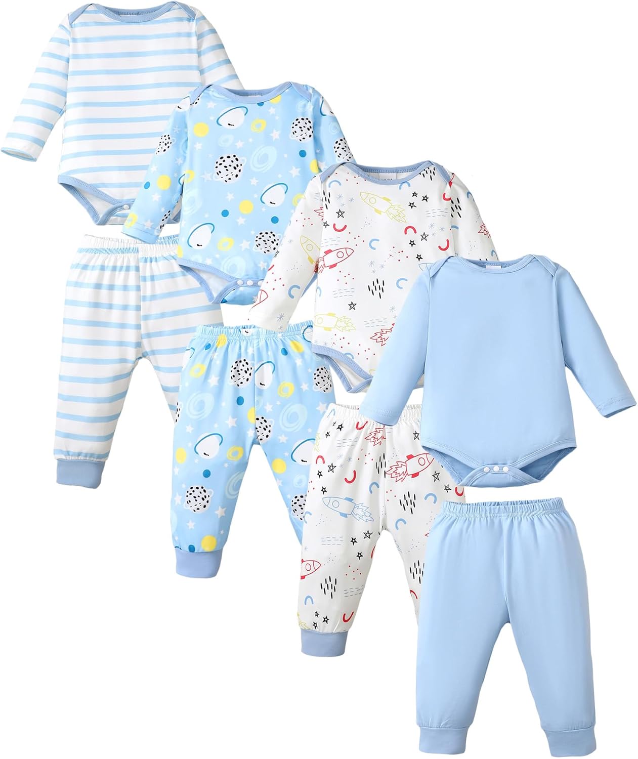 NZRVAWS Newborn Baby Boy Girl Clothes Unisex Infant Romper Pants Set Hat 4-Pack Outfits 0-12 Months 16 Pieces Toddler