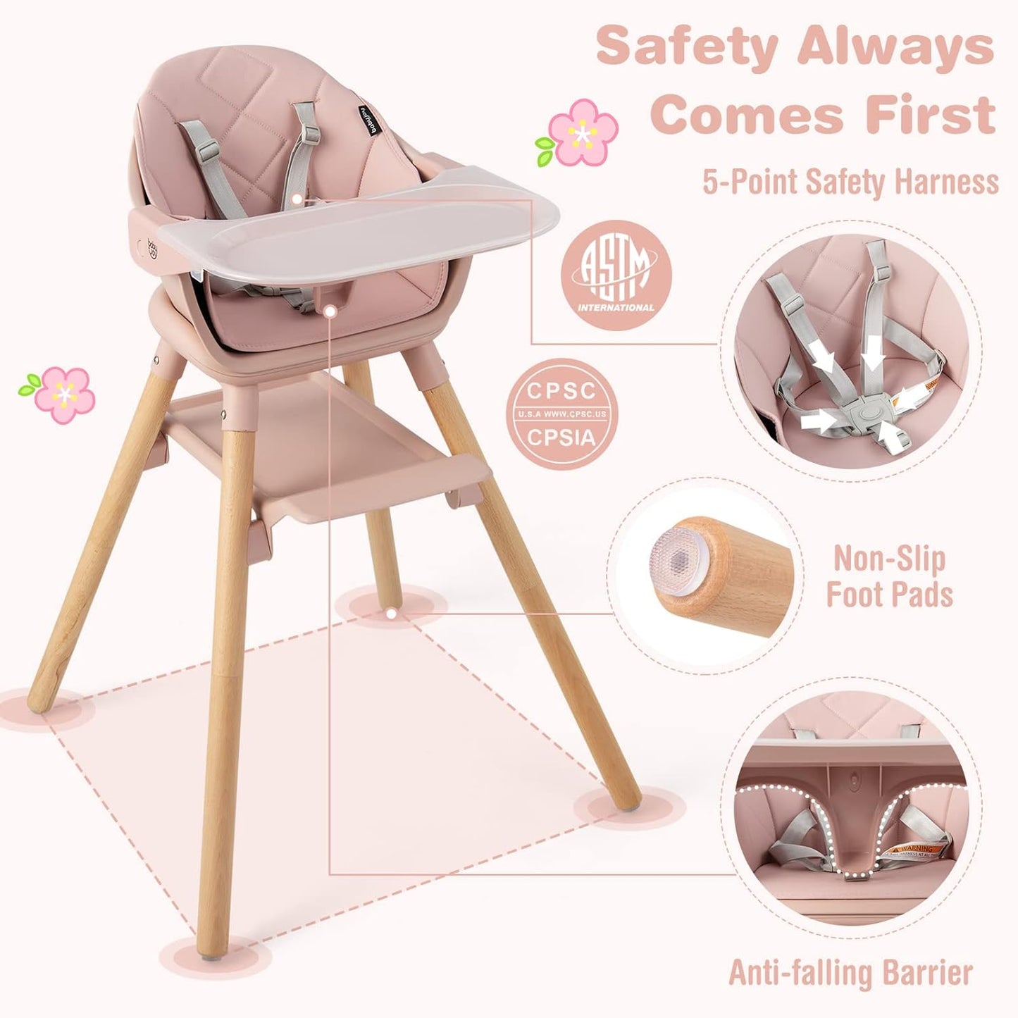 BABY JOY Baby High Chair, 6 in 1 Convertible Wooden High Chair for Babies & Toddlers with Adjustable Legs, Double Removable Tray, Safety Harness & Waterproof PU Cushion (Pink)