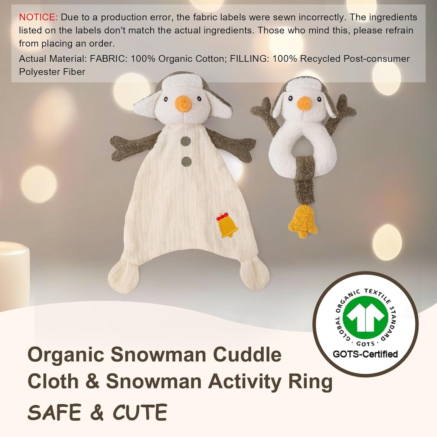 Organic Cotton Stuffed Animal Rattle Baby Toys, Plush Snowman Cuddle Cloth and Hand Grip Ring Rattles Plush Toy Set for Newborns Infant Boys Girls, 2 PCS