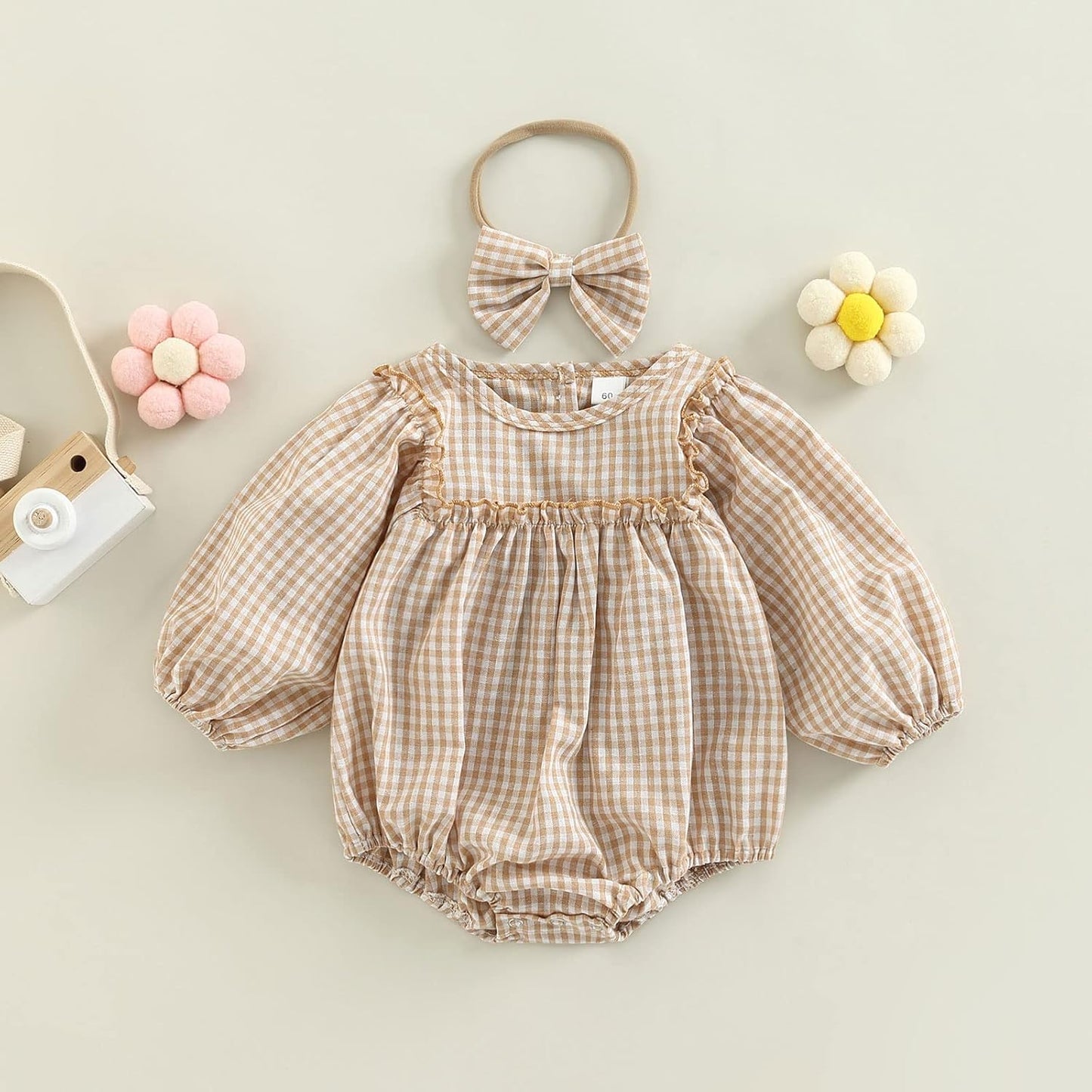 Douhoow Infant Baby Girl Plaid Romper Baby Sweatshirt Romper Ruffle Festival Clothes Fall Winter Outfits with Headband
