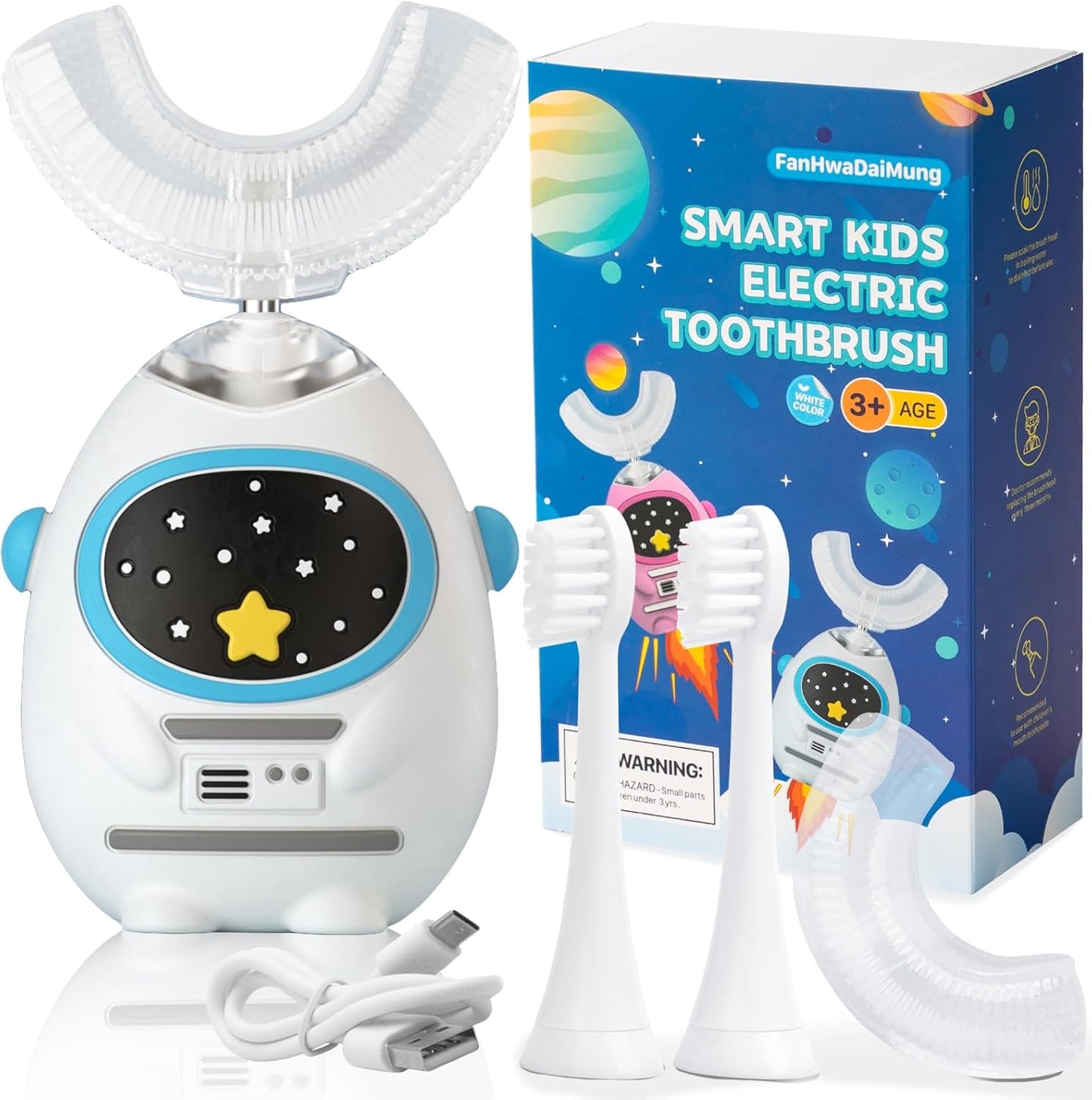 Kids U Shaped Electric Toothbrush with Music, 3 Modes, Voice Teaching, Mouthpiece Cleaning, Soft Bristle, Type-C Charging, Ages 3-12 Boys & Girls (Heroic White)