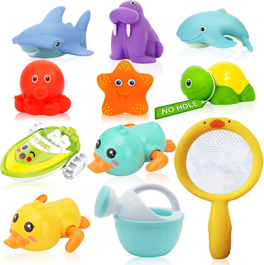 No Hole Bath Toys for Babies 0-6-12 Months+, Wind-up Swimming Ducks & Boat Bath Toys for Kids Ages 1-3, Baby Pool Toys Fishing Net Water Toys Watering Can, Toddler Bath Toys for 1+ Year Old Boy Girl