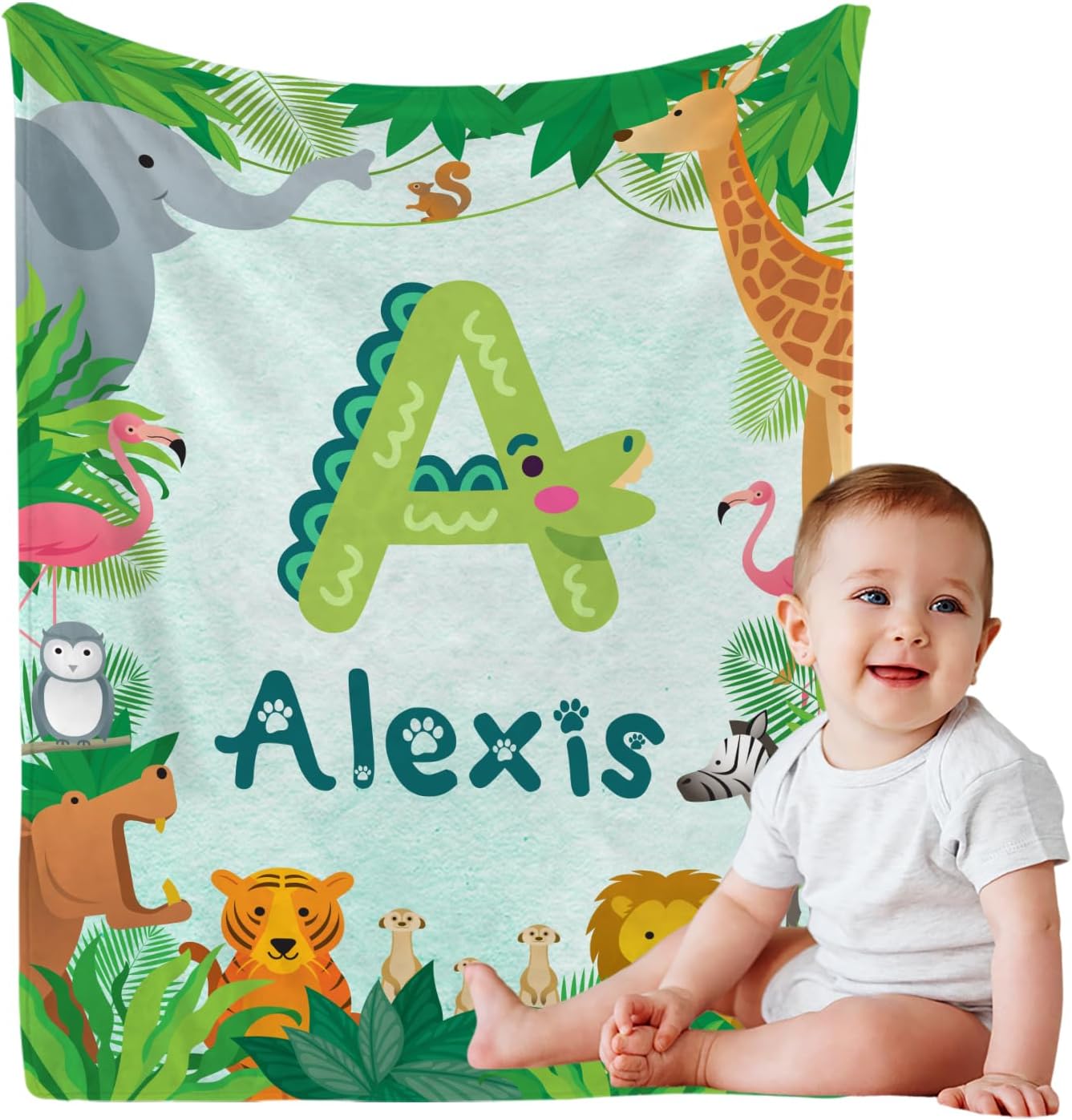 Personalized Cute Animal Baby Blanket, Custom Initial Jungle Swaddle Blanket with Name Customized Super Soft Nursery Fleece Throw Blankets for Newborns Baby Shower Girls Kids Birthday