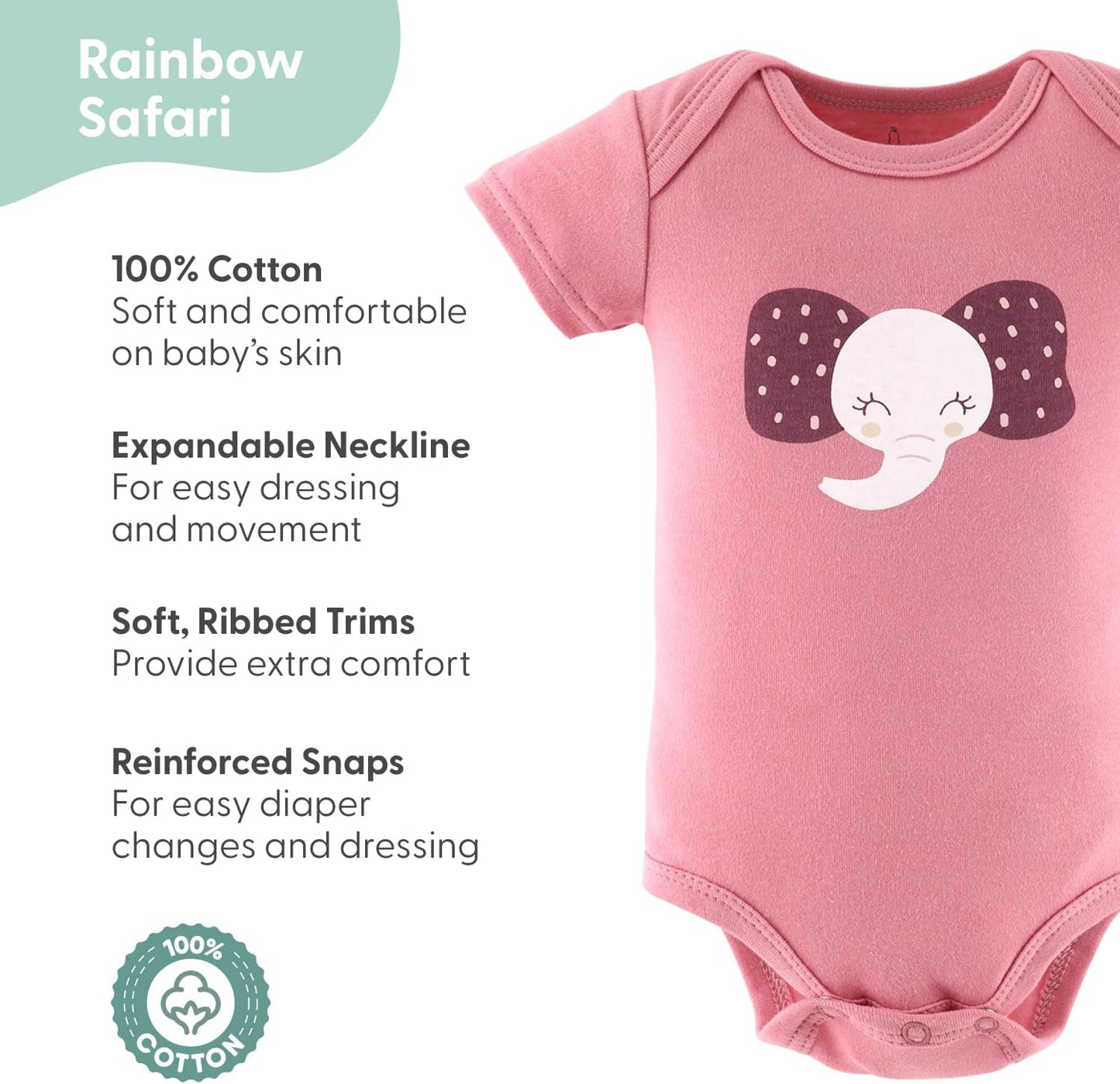 The Peanutshell Baby Girl Short Sleeve Bodysuits - 100% Cotton Infant Outfits, 0-24 Months - Rainbow Safari