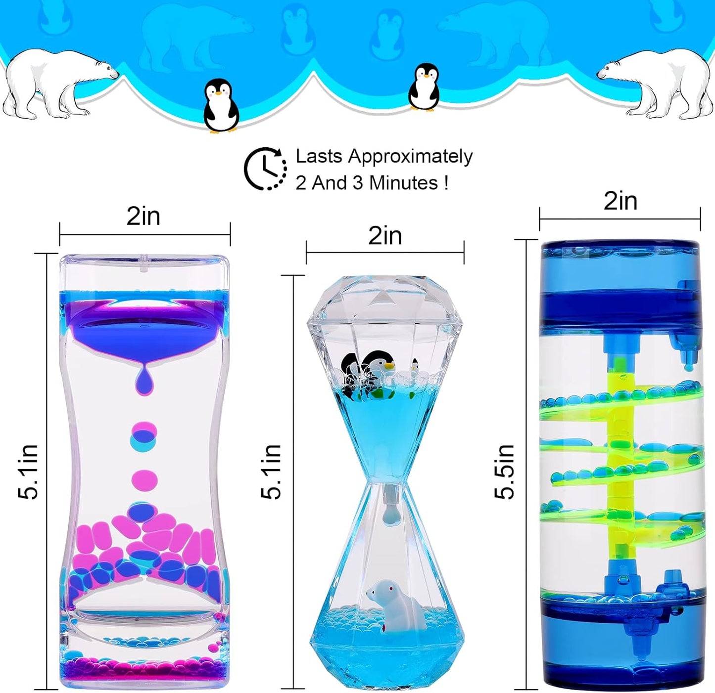 XINBAOHONG Liquid Motion Bubbler for Kids and Adults 3-Pack Hourglass Liquid Bubbler Timer for Sensory Play Fidget Toy Stress Management Desk Decor