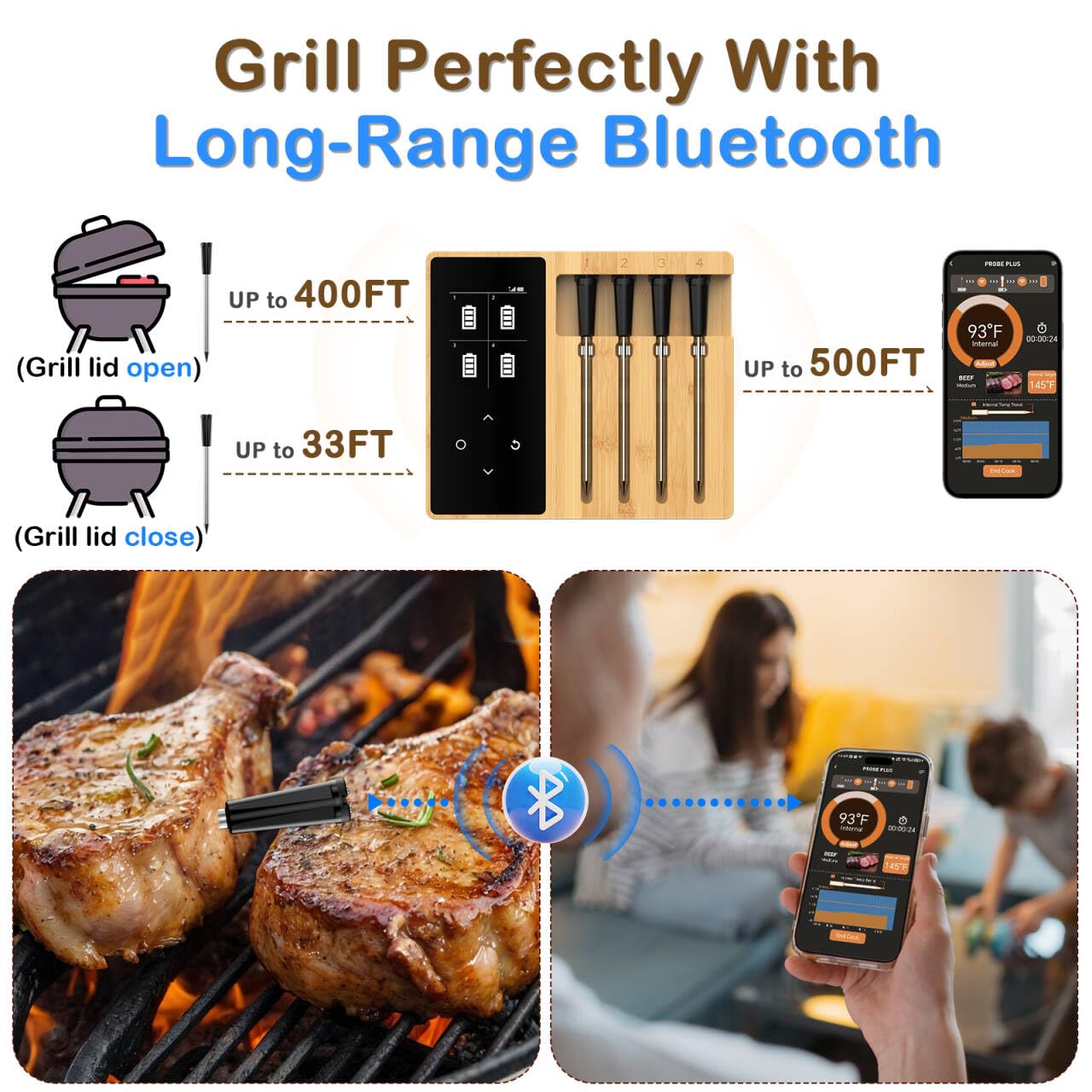 Accurate Smart Wireless Meat Thermometer - 4 Probes, Long Range Bluetooth, Real-time Alerts, Dishwasher Clean, Waterproof, Digital Cooking Thermometer for Grill, BBQ, Oven, Smoker
