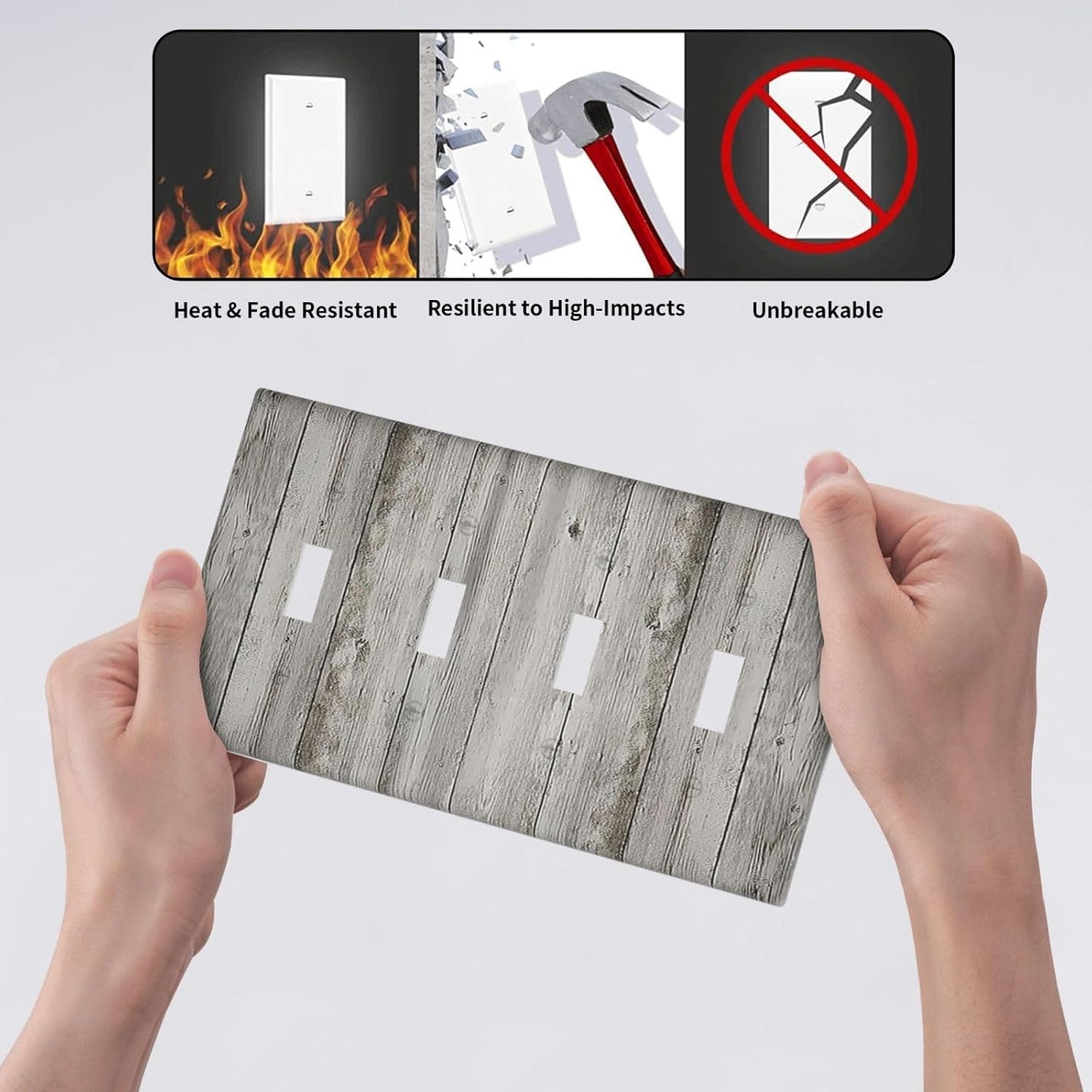 Light Switch Covers Farmhouse Rustic Grey Barn Door Wood Quad Toggle Electrical Faceplate 4 Gang Wall Plate Decorative Switch Plates for Bedroom Cabin Decor