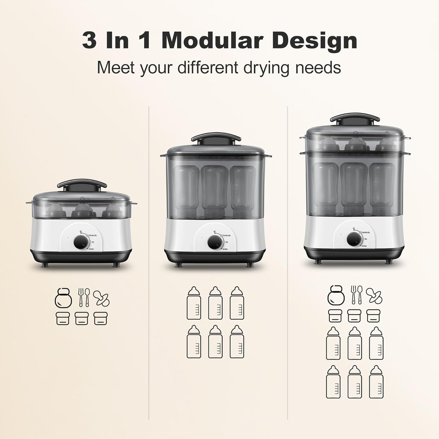 Baby Bottle Steamer, 3-in-1 Bottle Steamer and Dryer, Easy One-Dial Control Electric Steam Bottle Dryer for Baby Bottles, Baby Stuffs & Breast Pump Accessories