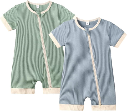 Bafeicao Unisex Baby Boy Girl 2 Pack Rompers Short Sleeve 2 Way Zipper One Piece Jumpsuits Clothes Sets
