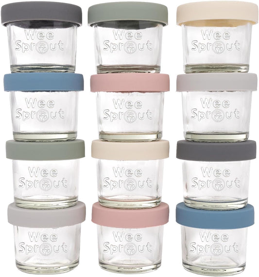 WeeSprout Glass Baby Food Storage Jars w/Lids (4 oz, 12 Pack Set) Snack, Puree, Reusable Small Containers, Breast Milk, Fridge or Freezer, Microwave & Dishwasher Safe, Essential Must Have for Infants