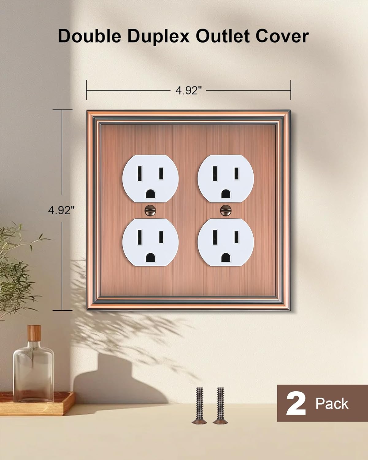 2-Pack Double Duplex Outlet Cover, Antique Copper Switch Plates and Outlet Covers for Electrical Outlets, Durable Zinc Alloy Wall Plates, 2 Gang Receptacle Cover, Corrosion Resistant